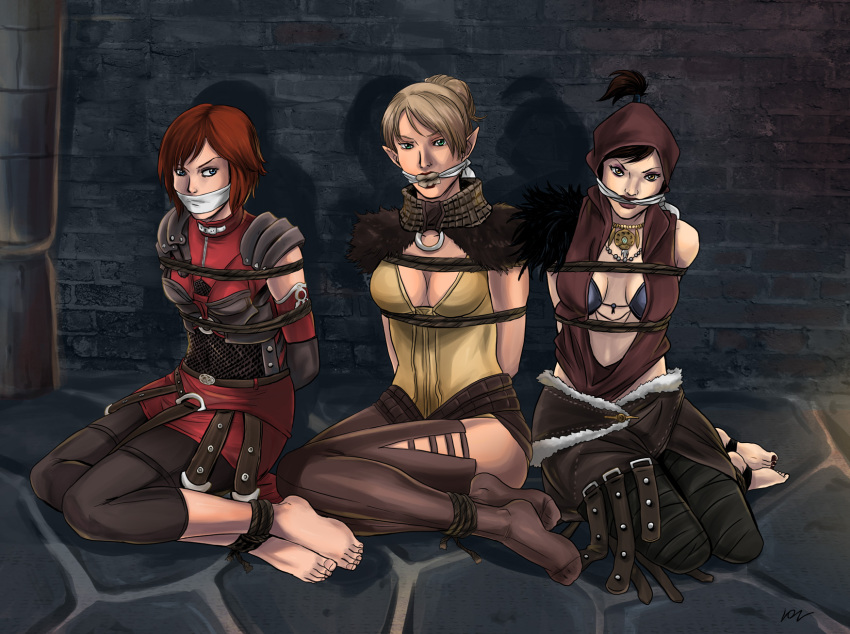 3girls armor arms_behind_back asymmetrical_clothes barefoot bisexual_(female) black_hair black_nails blonde_hair blue_eyes bondage bound bound_ankles bra breasts brick_wall cleavage cleave_gag cloth_gag dragon_age dragon_age_origins elf feet female female_only fur_trim gag gagged green_eyes highres hood improvised_gag jewelry leliana light-skinned_female light_skin lostonezero mage morrigan_(dragon_age) multiple_girls nail_polish necklace pauldrons pointy_ears ponytail pteruges red_hair red_toenails rope shadow shoulder_armor signature sitting sleeveless stone_floor straight_female thighhighs toenail_polish toenails toes underwear velanna video_games yellow_eyes