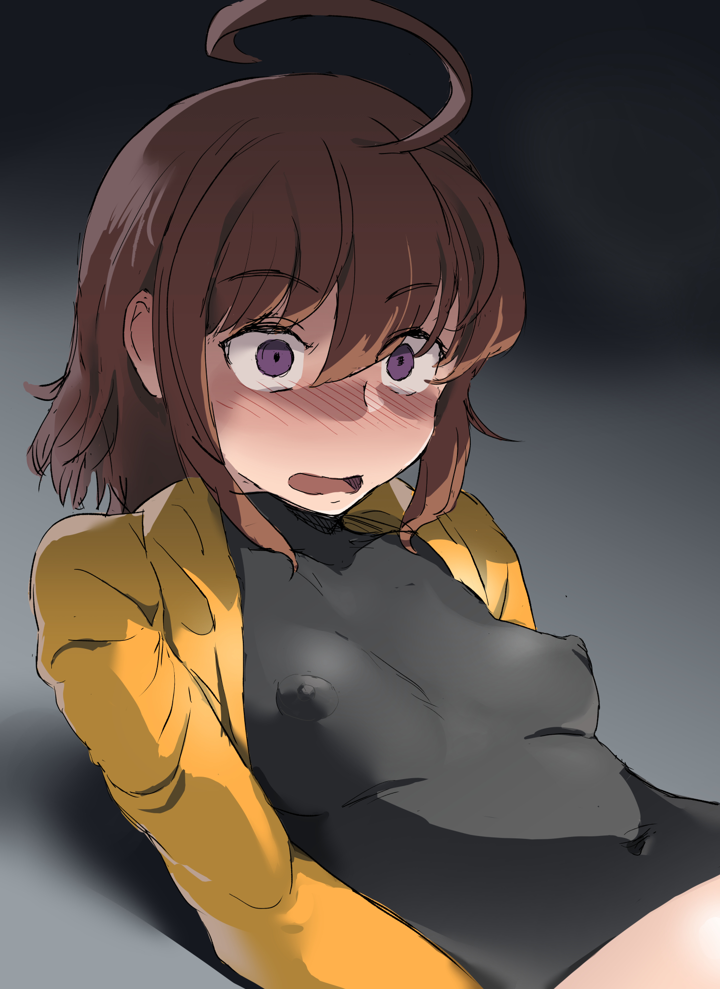 artist request, blush, brown hair, linne, nipples visible through clothing, under night in-birth