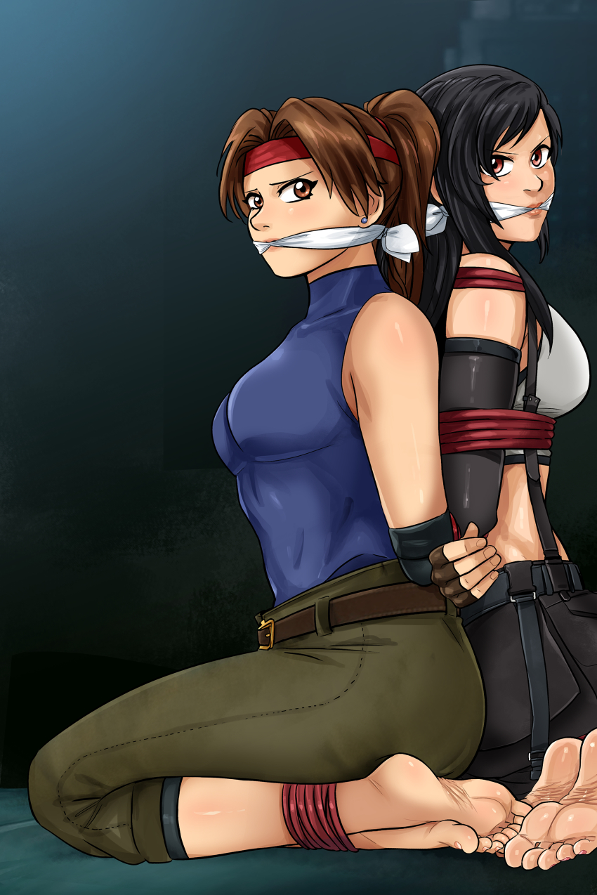 2girls absurdres arms_behind_back barefoot belt belt_buckle black_hair body_blush bondage bound bound_ankles bound_arms bound_wrists breasts brown_eyes brown_hair buckle cleave_gag cloth_gag earrings feet female final_fantasy final_fantasy_vii final_fantasy_vii_remake gag gagged highres improvised_gag jessie_rasberry jewelry long_hair looking_at_viewer lostonezero multiple_girls nail_polish orange_toenails pink_toenails red_eyes rope sideboob skirt square_enix tifa_lockhart toenail_polish toenails toes