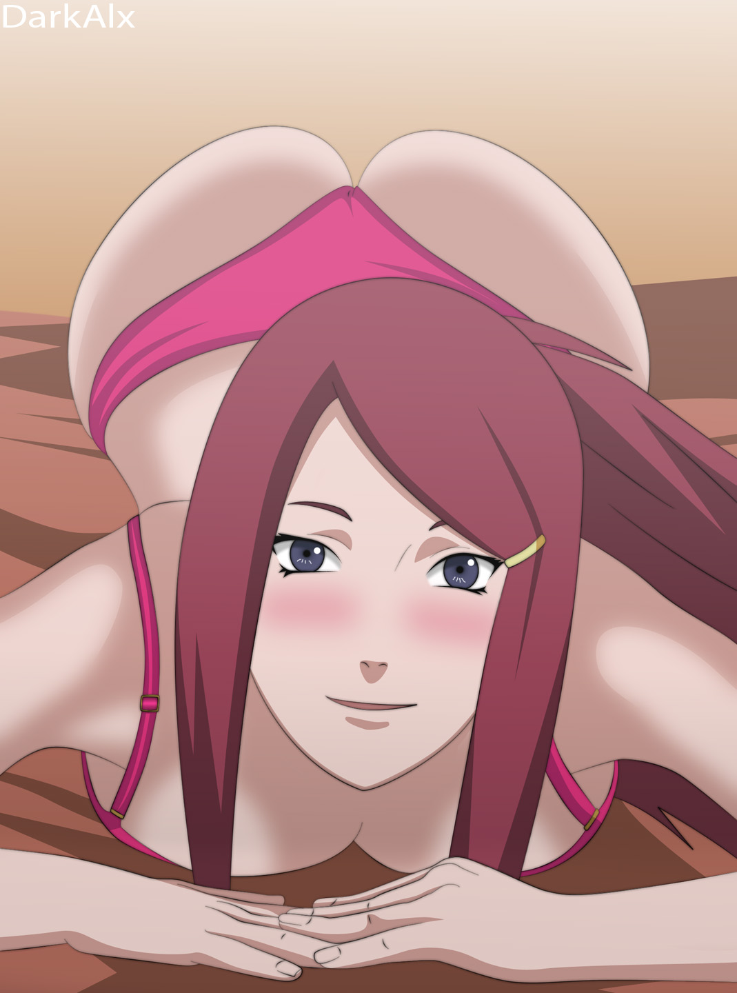 1girls, all fours, arched back, ass, ass focus, ass up, bedroom eyes, bent over, big ass, big butt, blue eyes, blush, breasts, bubble ass, bubble butt, cleavage, darkalx, face down ass up, female, female focus, female only, front view, hairclip, large ass, light skin, light-skinned female, lingerie, looking at viewer, mature, mature female, medium breasts, milf, naruto, naruto (series), naruto shippuden, on all fours, panties, pink bra, pink panties, pinup, presenting ass, red hair, shounen jump, smile, solo, solo female, solo focus, underwear, uzumaki kushina, voluptuous
