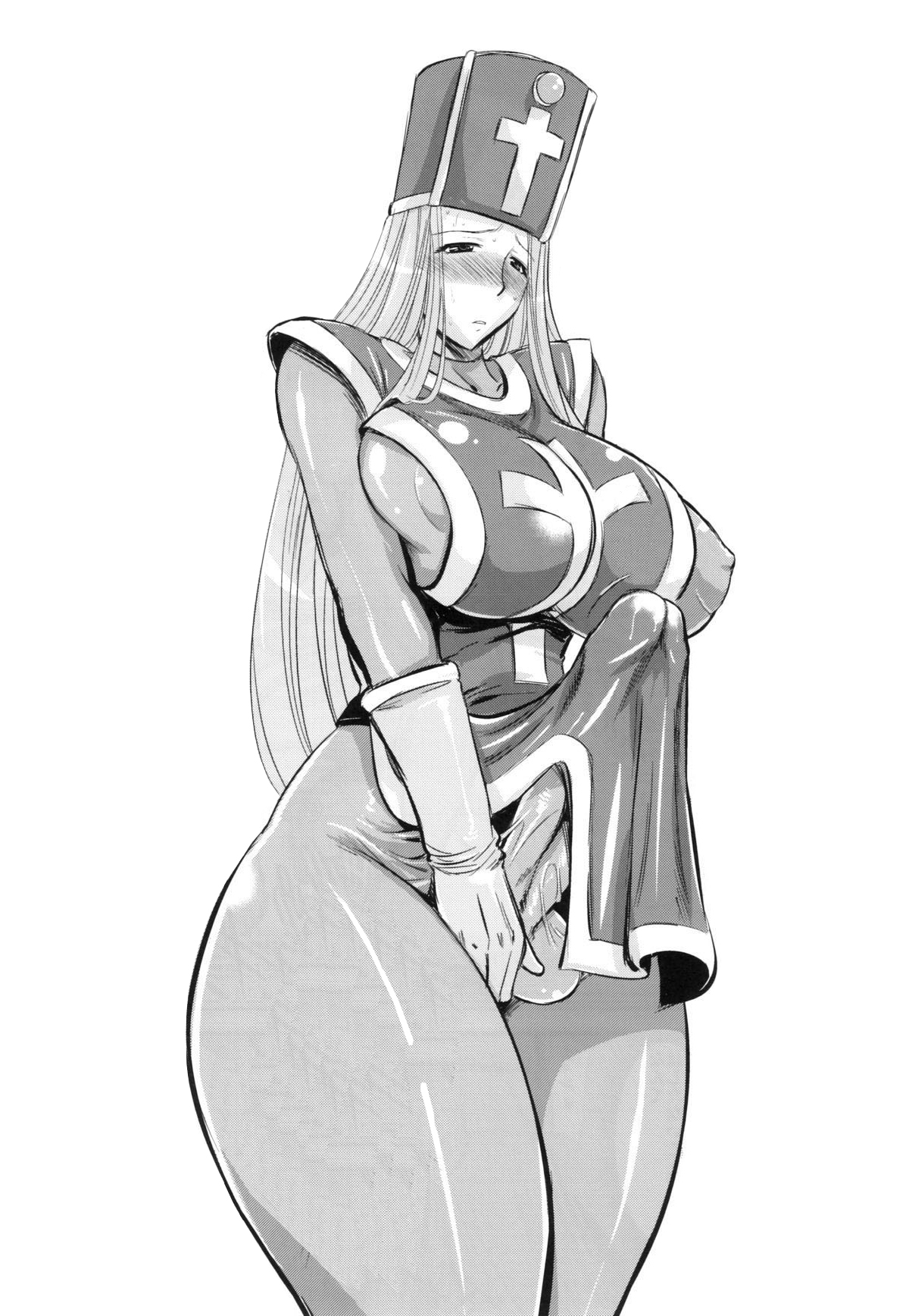 1futa, big breasts, blush, bodysuit, breasts, bulge, cameltail, clothing, dragon quest, dragon quest iii, erect nipples, erect nipples under clothes, futa only, futanari, highres, hips, huge cock, intersex, large breasts, latex, monochrome, musashino sekai, nipples, penis, penis under clothes, priest (dq3), solo futa, thick thighs, thighs, wide hips