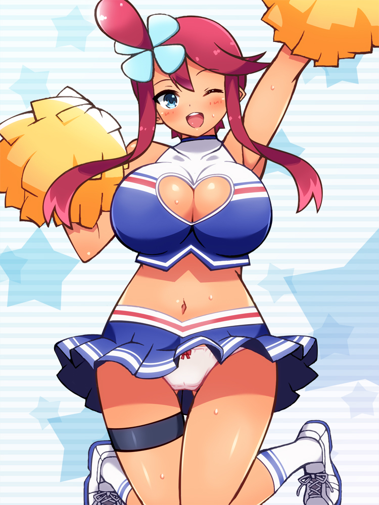 1girls, alternate breast size, big breasts, blush, breasts, cheerleader, chro, cleavage, cleavage cutout, female, female only, gym leader, huge breasts, human, human only, jumping, large breasts, navel, nintendo, one eye closed, open mouth, panties, pokemon, pokemon bw, shiny, shiny skin, shoes, skirt, skyla (pokemon), sneakers, solo, sweat, thighs, wink