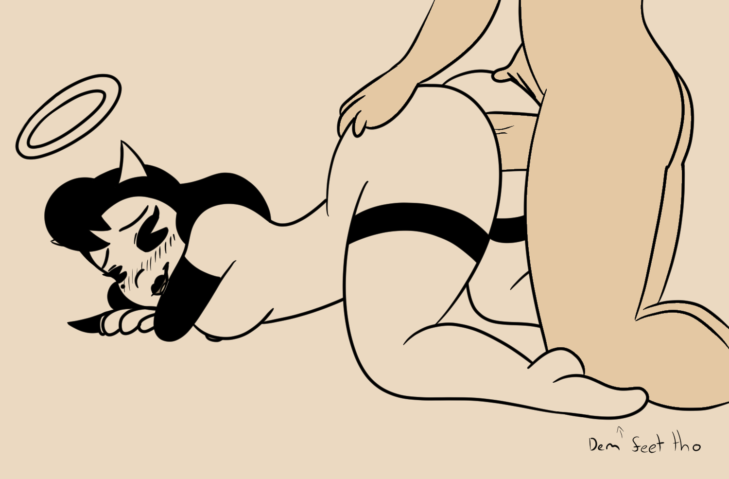 alice angel, ass, beanontoast, bendy and the ink machine, blush, doggy style, female, male, thick ass, thick thighs, thigh strap, unseen male face