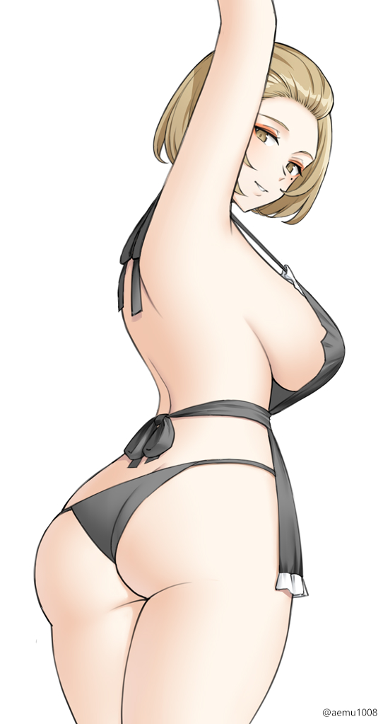 1girls, aemu (august life), apron, ass, ass cleavage, ass crack, big ass, black panties, breasts, brown eyes, brown hair, butt crack, eyeshadow, female, female only, fire emblem, fire emblem: three houses, grin, large breasts, looking at viewer, looking back, makeup, manuela casagranda, naked apron, nintendo, orange eyeshadow, panties, short hair, smile, solo, underwear