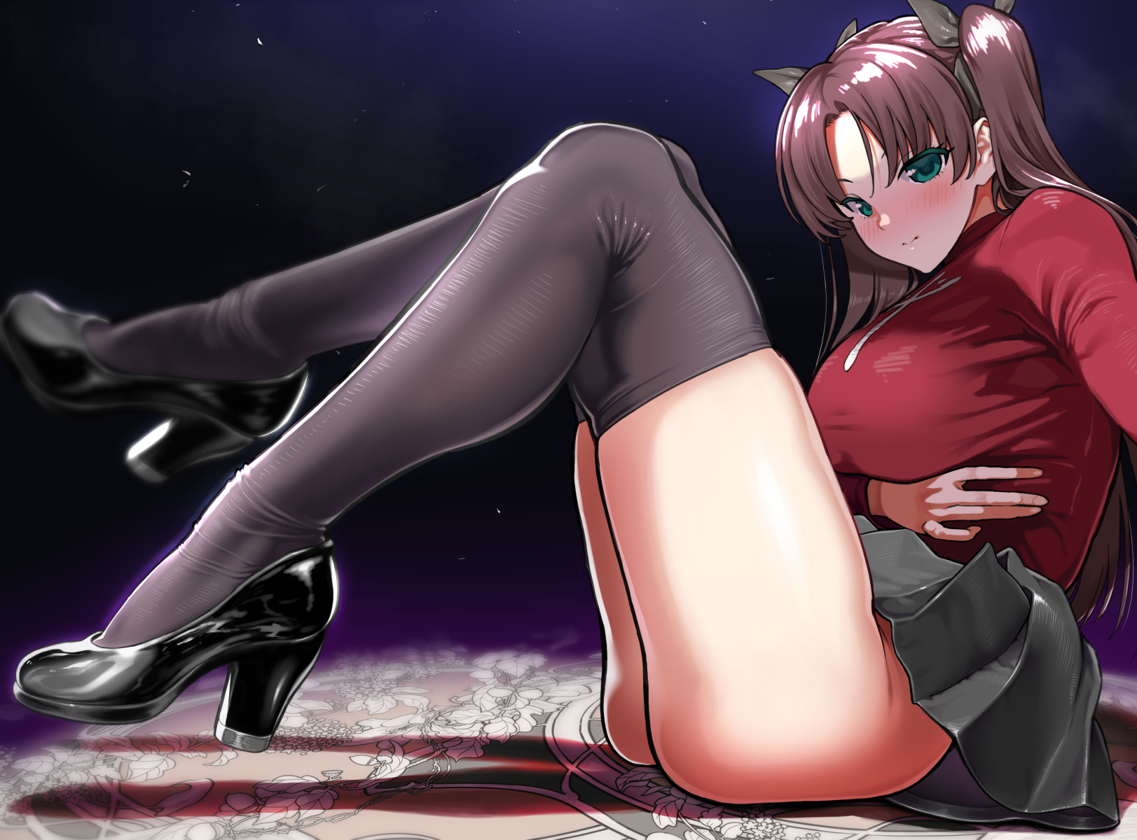 1girls, artist request, black hair, black legwear, blue eyes, breasts, child bearing hips, fate (series), fate/stay night, female, female only, heels, high heels, looking at viewer, miniskirt, no panties, no underwear, short skirt, skirt, skirt lift, tagme, thick thighs, thighhighs, tohsaka rin, type-moon
