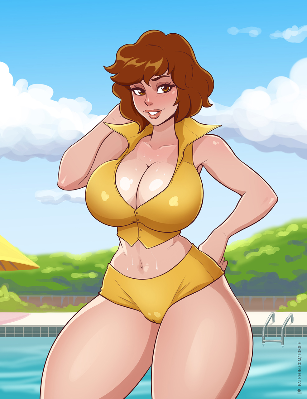 1girls, april o'neil, april o'neil (tmnt 1987), big breasts, breasts, cameltoe, cleavage, female, female only, light skin, light-skinned female, looking at viewer, pool, pussy, short hair, smiling at viewer, solo, sweat, sweaty breasts, teenage mutant ninja turtles, thick thighs, thighs, thunder thighs, tmnt 1987, toksie, voluptuous