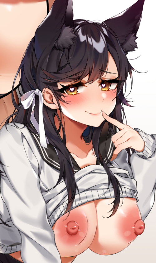 animal ear fluff, animal ears, atago (azur lane), atago (school traumerei) (azur lane), azur lane, bangs, bechu, black hair, blush, breasts, breasts out, closed mouth, clothes lift, commentary, cropped, dog ears, english commentary, eyebrows visible through hair, female, finger to mouth, furrowed brow, gradient, gradient background, grey background, hair ribbon, heart, heart-shaped pupils, korean commentary, large breasts, long hair, long sleeves, looking at viewer, mixed-language commentary, mole, mole under eye, nipples, no bra, official alternate costume, ribbon, sailor collar, school uniform, shirt, shirt lift, sidelocks, simple background, smile, solo, swept bangs, symbol-shaped pupils, upper body, white background, white ribbon, white shirt, yellow eyes