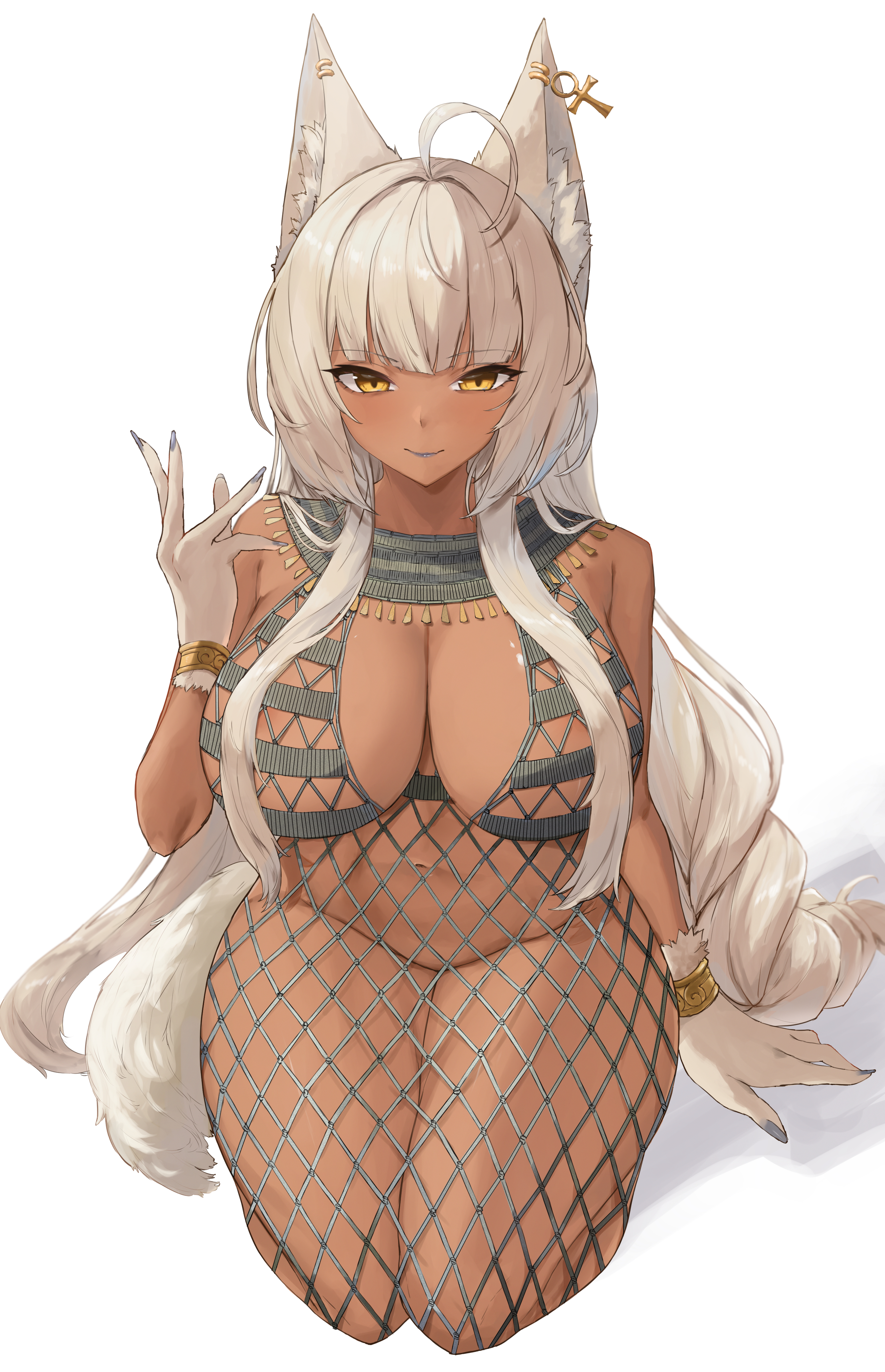 1girls, 2022, absurd res, ahoge, animal ears, ankh, blush, breasts, brown skin, commission, dark skin, dark-skinned female, ear piercing, egyptian, female, female only, hi res, hips, huge breasts, kataku musou, kneeling, long hair, original, original character, simple background, slim waist, smile, thick thighs, thighs, white background, white hair, wide hips, yellow eyes