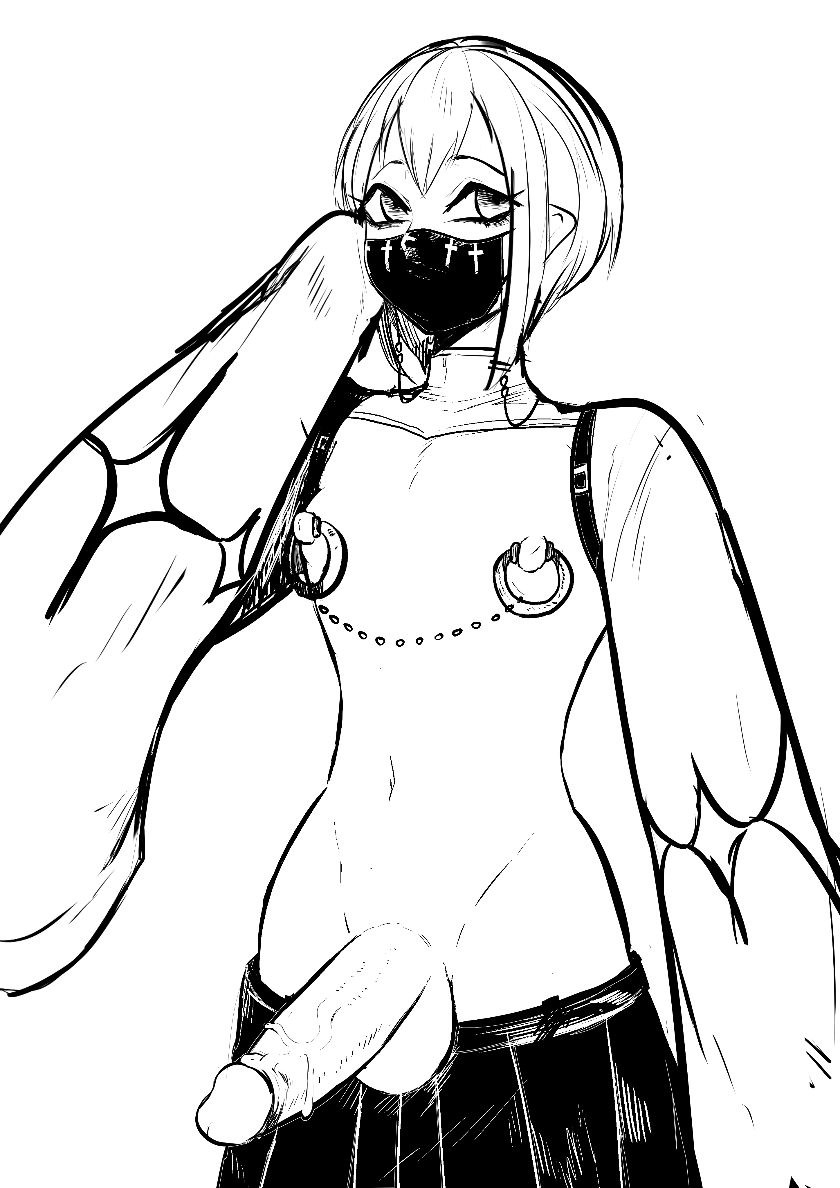 balls, erection, face mask, femboy, girly, green (artist), male, mask, nipples, penis, pierced nipples, piercing, piercings, short hair, solo male, tagme, vein, veiny penis
