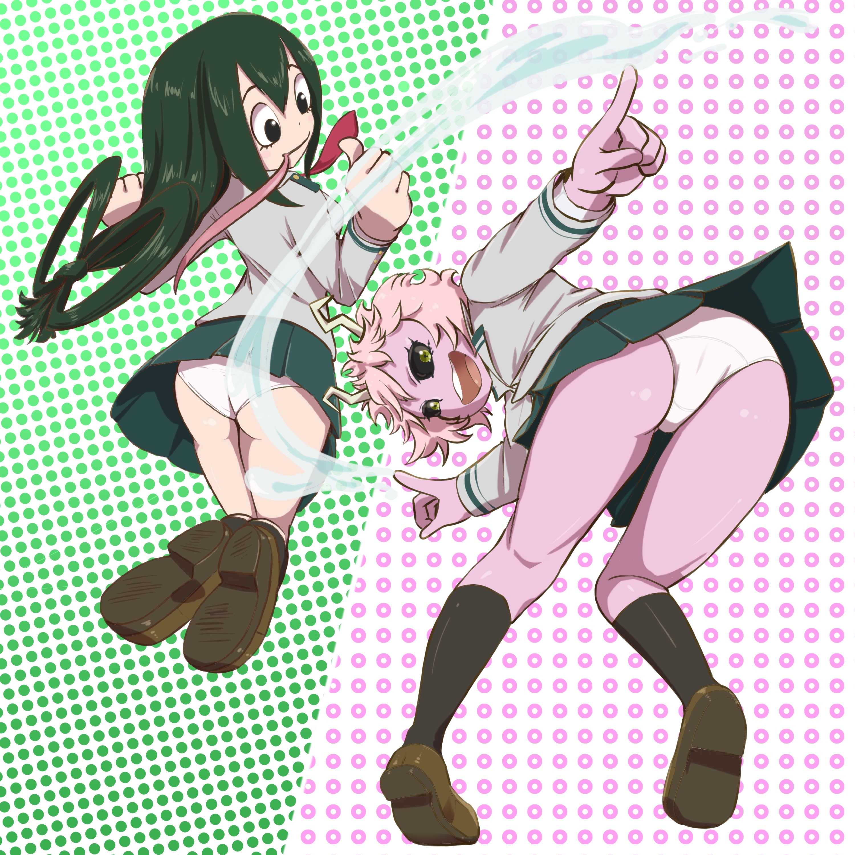 2girls, ass, bent over, black eyes, clothed, clothed female, clothing, female, female only, green eyes, green hair, green-haired female, huge ass, light skin, long tongue, microsd (artist), mina ashido, multiple females, multiple girls, my hero academia, panties, pink hair, pink skin, pink-haired female, school uniform, shounen jump, smile, teenager, tsuyu asui, underwear, upskirt, white panties