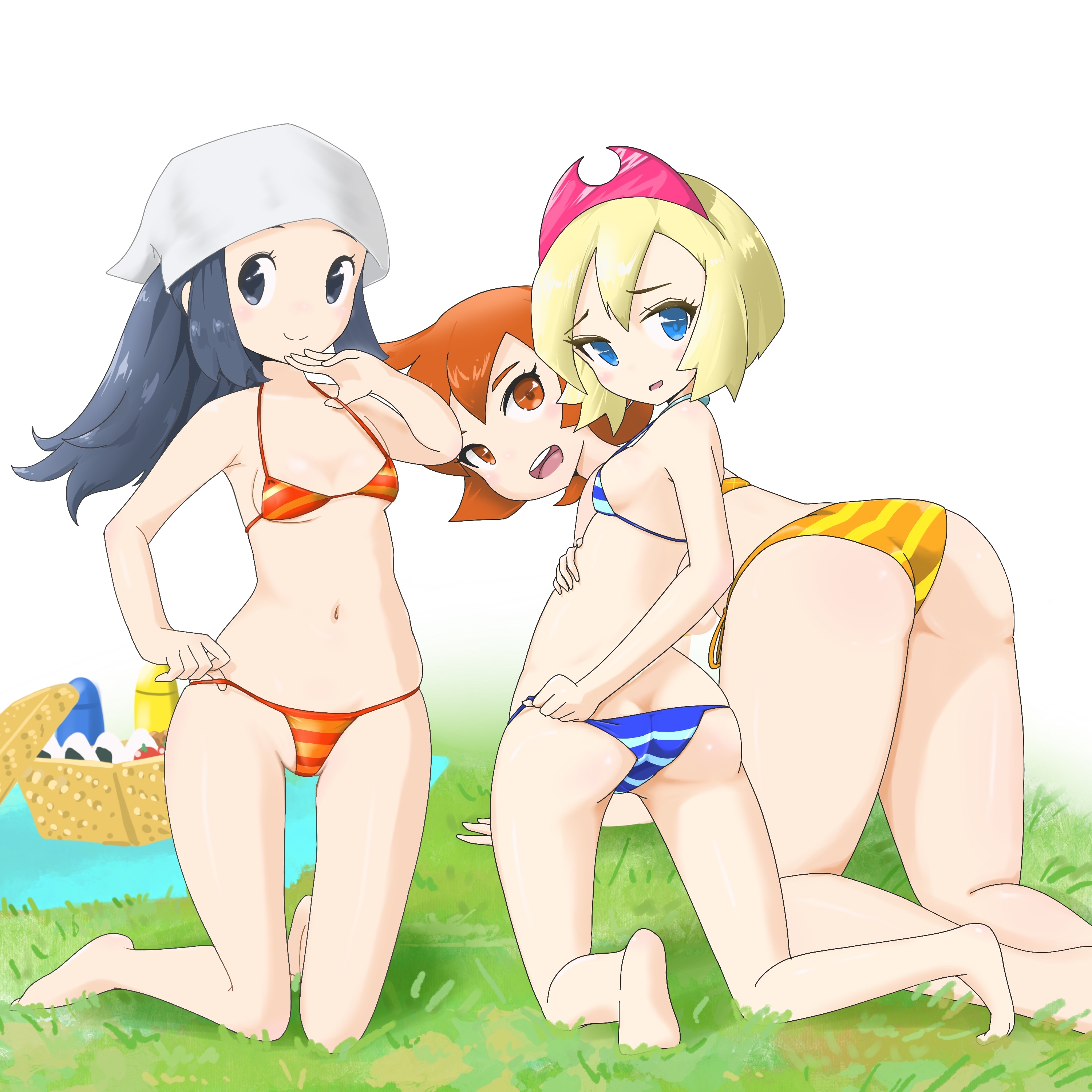 3girls, akari (pokemon), arezu (pokemon), ass, bikini, black eyes, blue eyes, breasts, female, female only, human, human only, irida (pokemon), long hair, microsd (artist), multiple females, multiple girls, nintendo, orange eyes, pokemon, pokemon legends: arceus, short hair, small ass, small breasts, thick thighs