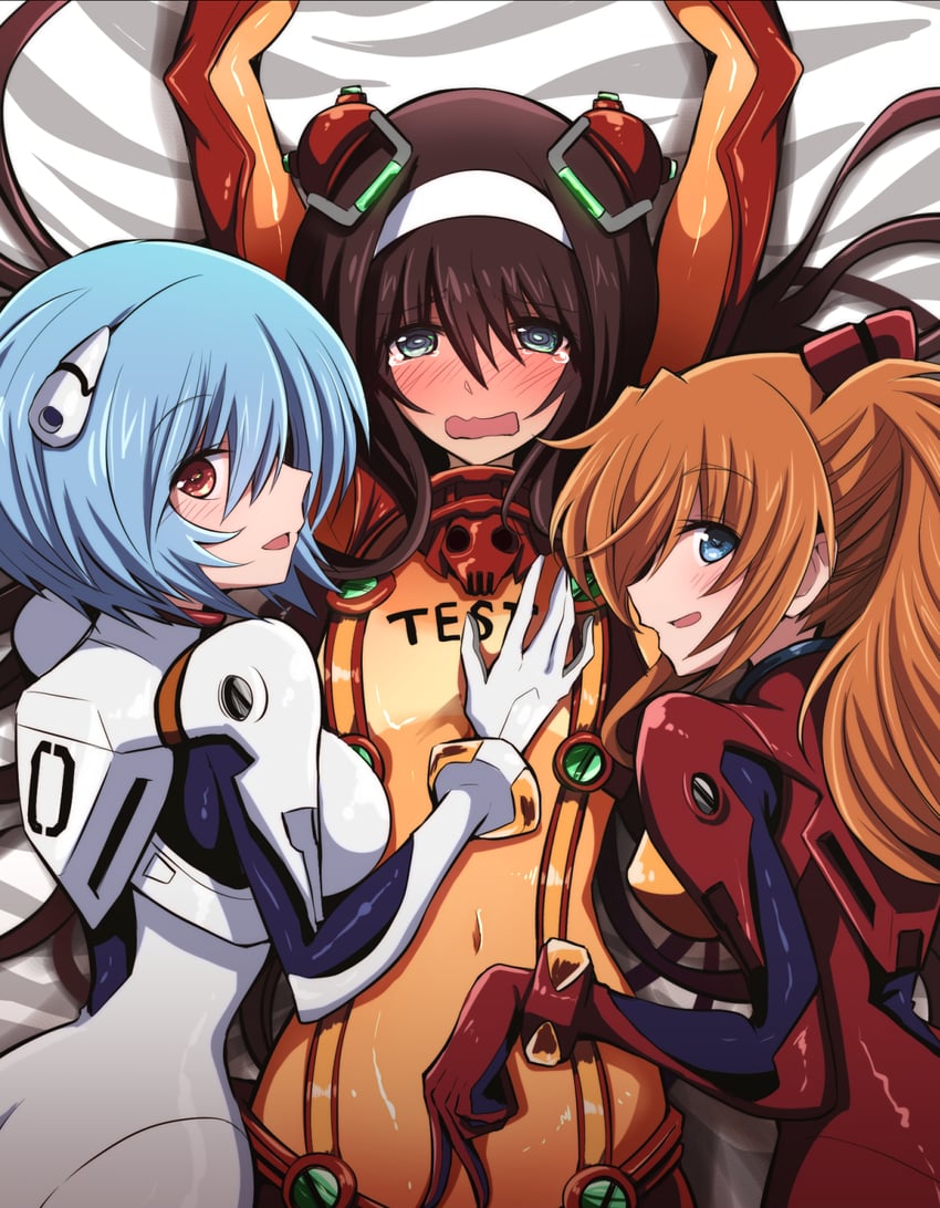 1boy 2girls alternate_hairstyle asuka_langley_sohryu blue_hair blush brown_hair clothing crossdressing femboy flat_chest interface_headset large_breasts long_hair neon_genesis_evangelion orange_hair out_of_frame plugsuit rebuild_of_evangelion rei_ayanami shinji_ikari short_hair takanasu05 tears test_plugsuit