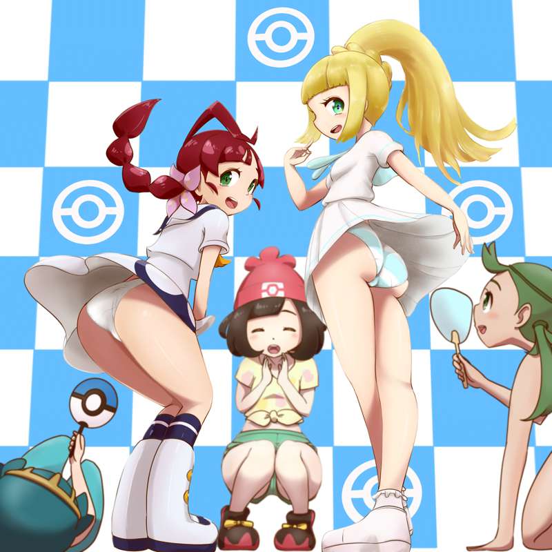 5girls, blonde hair, chloe (pokemon), clapping, closed eyes, clothing, fan, fanning, female, female only, holding fan, lana (pokemon), lillie (pokemon), mallow (pokemon), microsd (artist), multiple girls, nintendo, panties, pokeball logo, pokemon, pokemon (anime), pokemon journeys, pokemon sm, ponytail, selene (pokemon), skirt, upskirt, wind lift