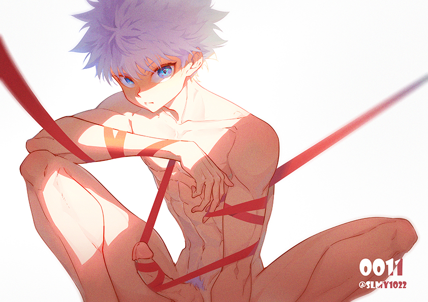 1boy abs arm_on_knee arm_support bangs blue_eyes closed_mouth collarbone erection feet_out_of_frame grey_hair hunter_x_hunter kariki_hajime killua_zoldyck looking_at_viewer male male_focus male_only male_pubic_hair navel nude penis penis_ribbon pubic_hair red_ribbon restrained ribbon simple_background sitting solo spiked_hair squatting sunlight toned toned_male white_background