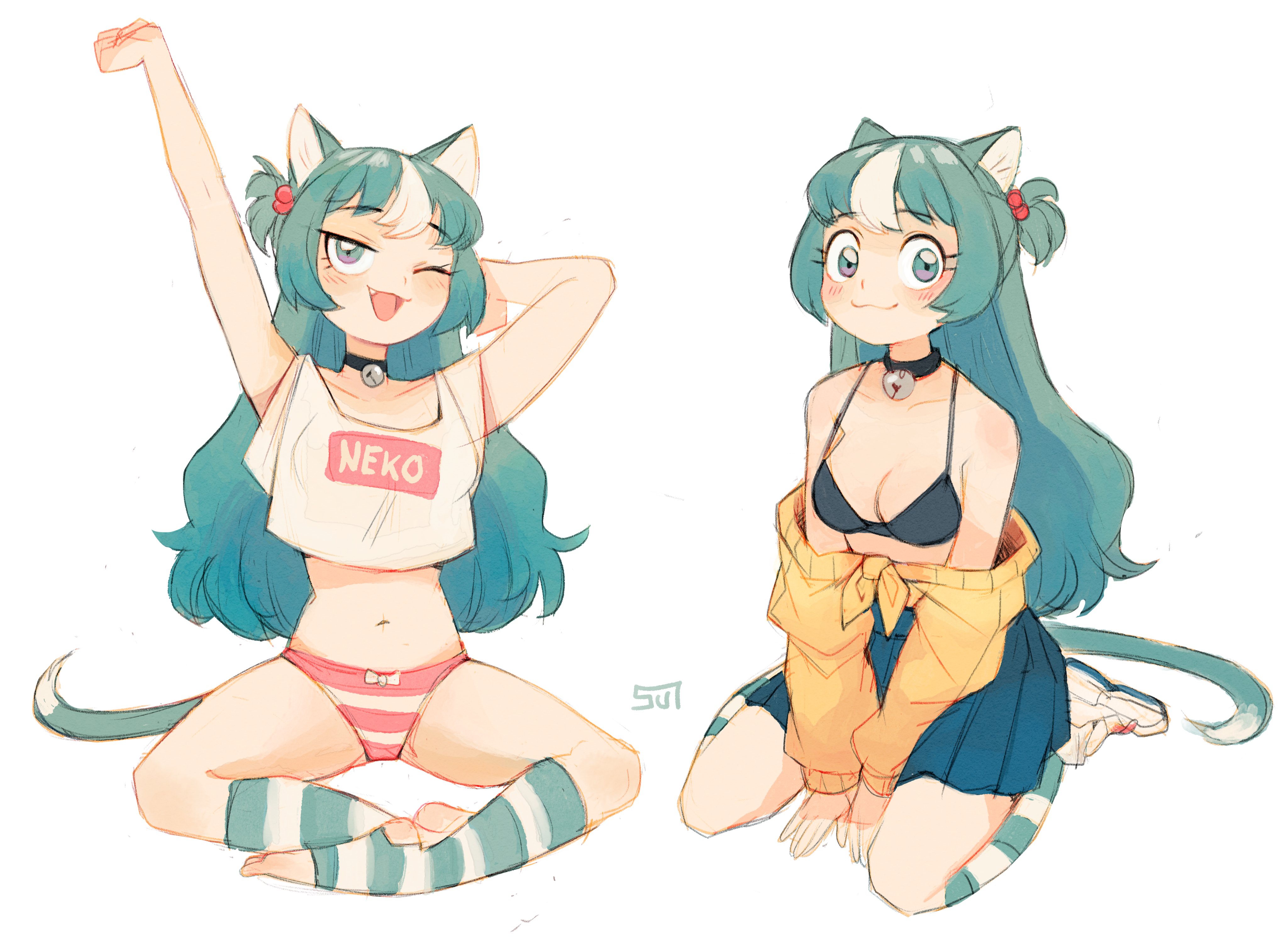 :3, 1girls, animal ears, bell collar, big breasts, blue hair, blush, bra, breasts, cat ears, cat girl, catgirl, collar, cute, female, kemonomimi, kneeling, minya (suizilla), multiple outfits, panties, skirt, socks, stirrup socks, stretching, striped panties, suizilla, sweater, tagme, tail, underwear