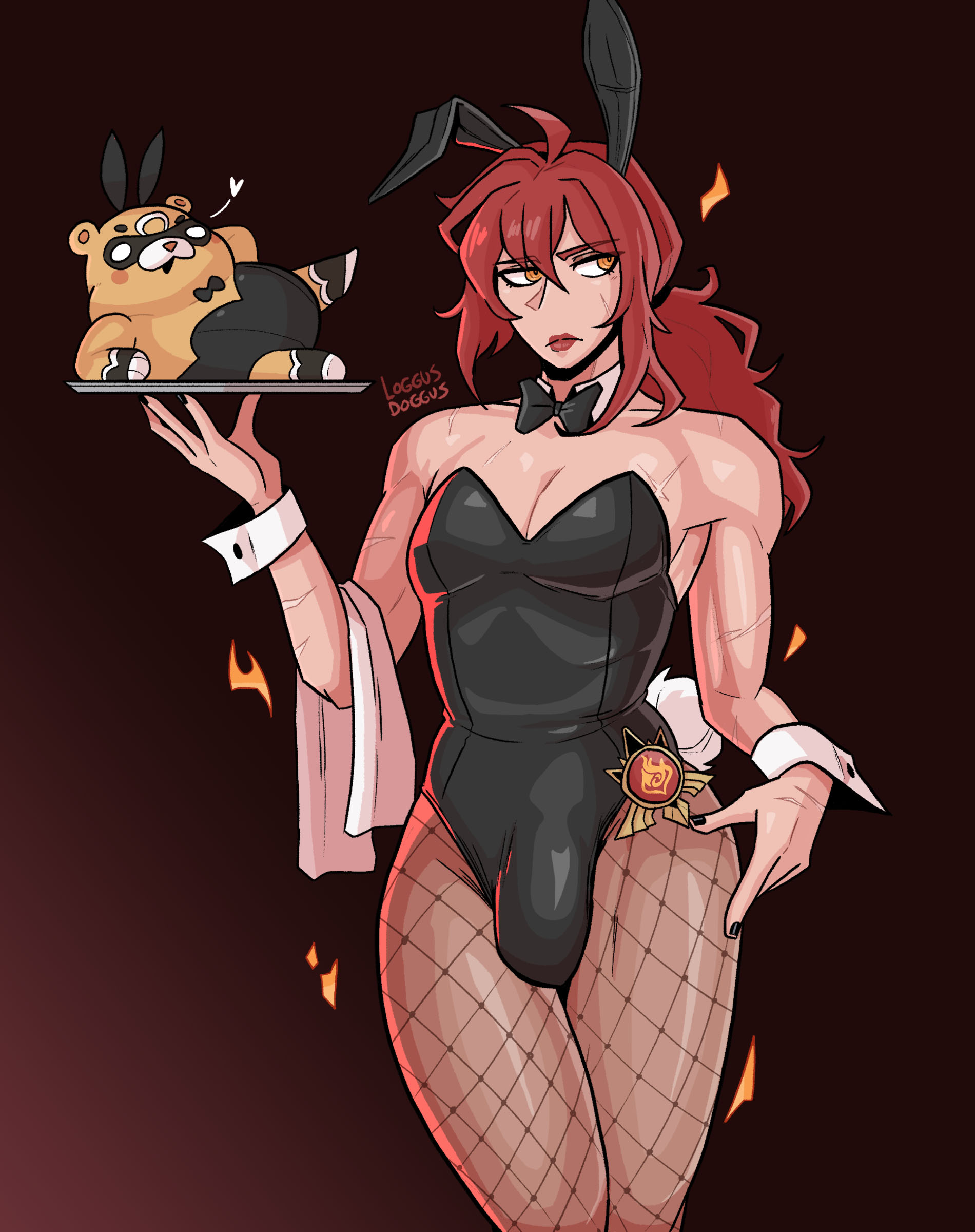 1boy, 1femboy, black leotard, bodysuit, bowtie, bulge, bulge through clothing, bunny boy, bunny costume, bunny ears, bunny tail, bunnysuit, crossdressing, diluc (genshin impact), femboy, femboy only, fire, fishnets, genshin impact, guoba (genshin impact), leotard, lipstick, loggus doggus, male, male only, male playboy bunny, nail polish, pantyhose, playboy bunny, ponytail, red hair, scar, scars, scars all over, solo, trap, vision (genshin impact)