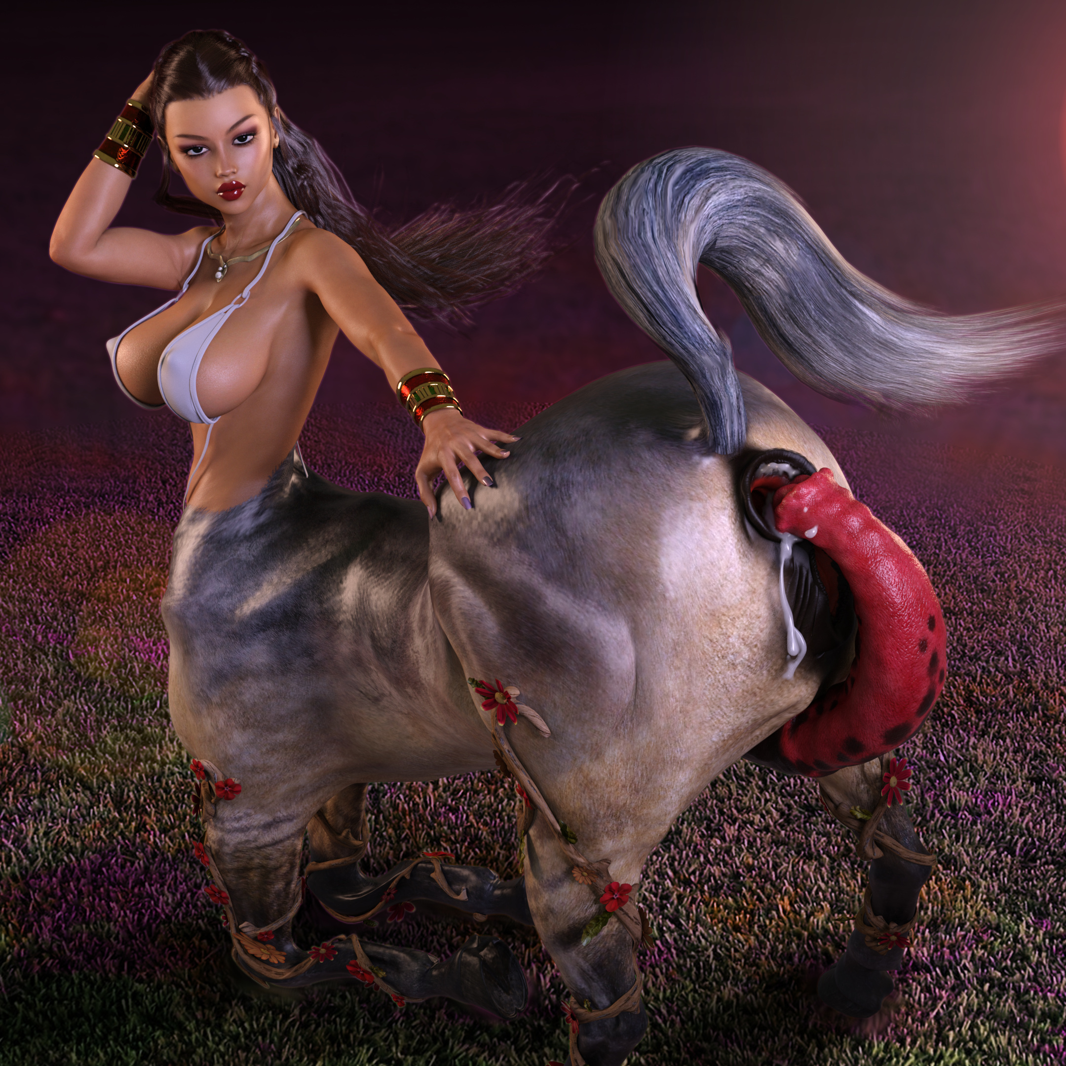 0x3dx, 1futa, 3d, after anal, animal genitalia, animal genitalia on humanoid, animal penis, ass, autopenetration, bra, bracelet, breasts, brown hair, centaur, cum in ass, futanari, gaping anus, half-erect, hand behind head, hand on own head, horse anus on humanoid, horse pussy on humanoid, horsecock, horsecock on humanoid, huge penis, intersex, kneeling, large breasts, long hair, looking at viewer, necklace, penis, pussy, self fuck, selfcest, solo, tail, taur, vagina