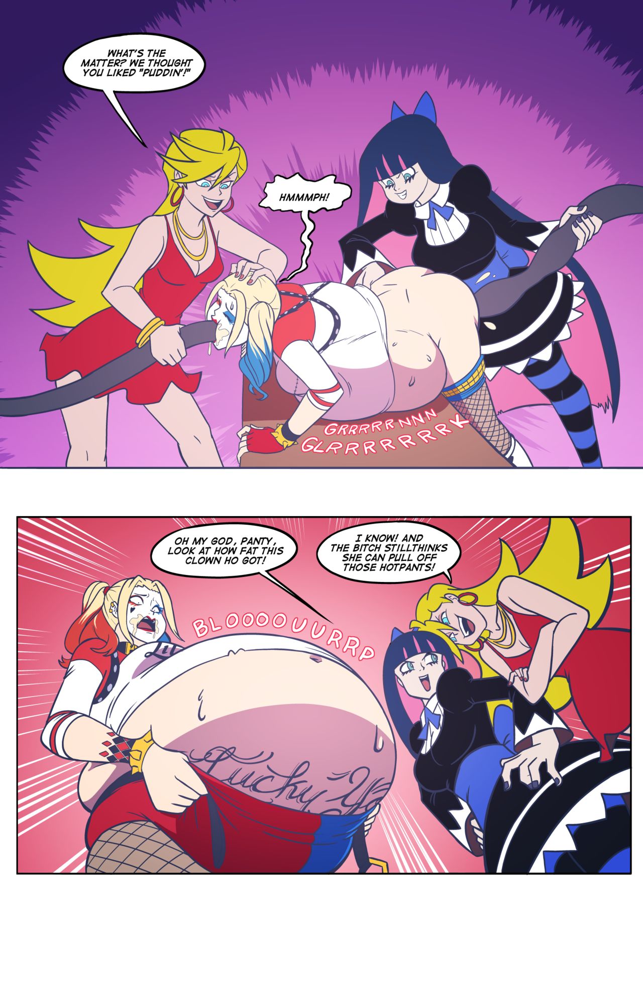 ass, axel-rosered, belly expansion, big ass, big butt, dc, dc comics, dc extended universe, dceu, female, female only, harley quinn, huge belly, inflation, panty & stocking with garterbelt, panty anarchy, pipes, stocking anarchy, suicide squad
