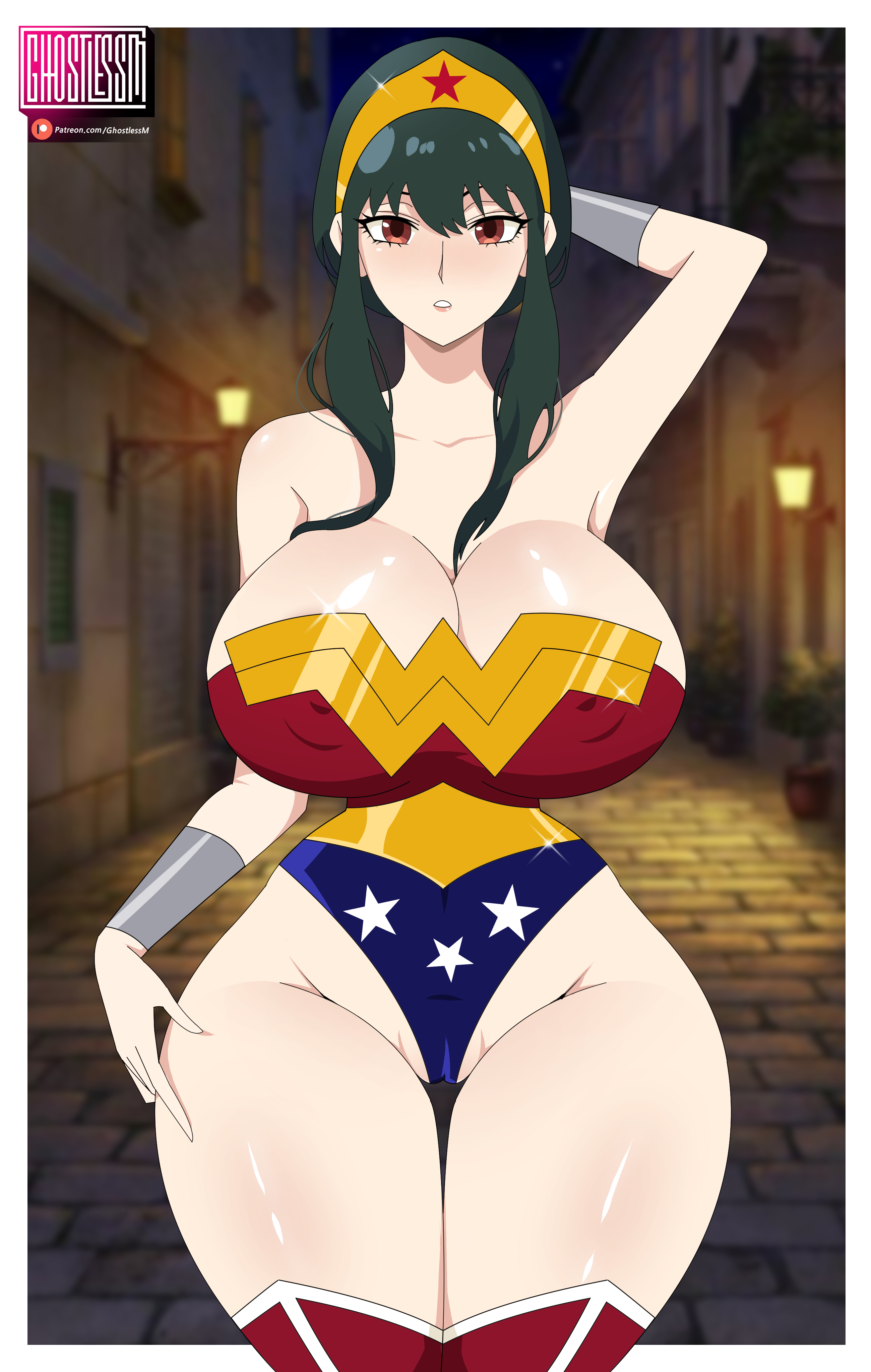 1girls, big breasts, big hipped, big hips, black hair, breasts, cosplay, dc, dc comics, female, female only, ghostlessm, hi res, highres, hips, huge breasts, huge hips, large breasts, large hips, milf, pussy, red eyes, solo, spy x family, thick thighs, wide hips, wonder woman (cosplay), wonder woman (series), yor briar, yor forger