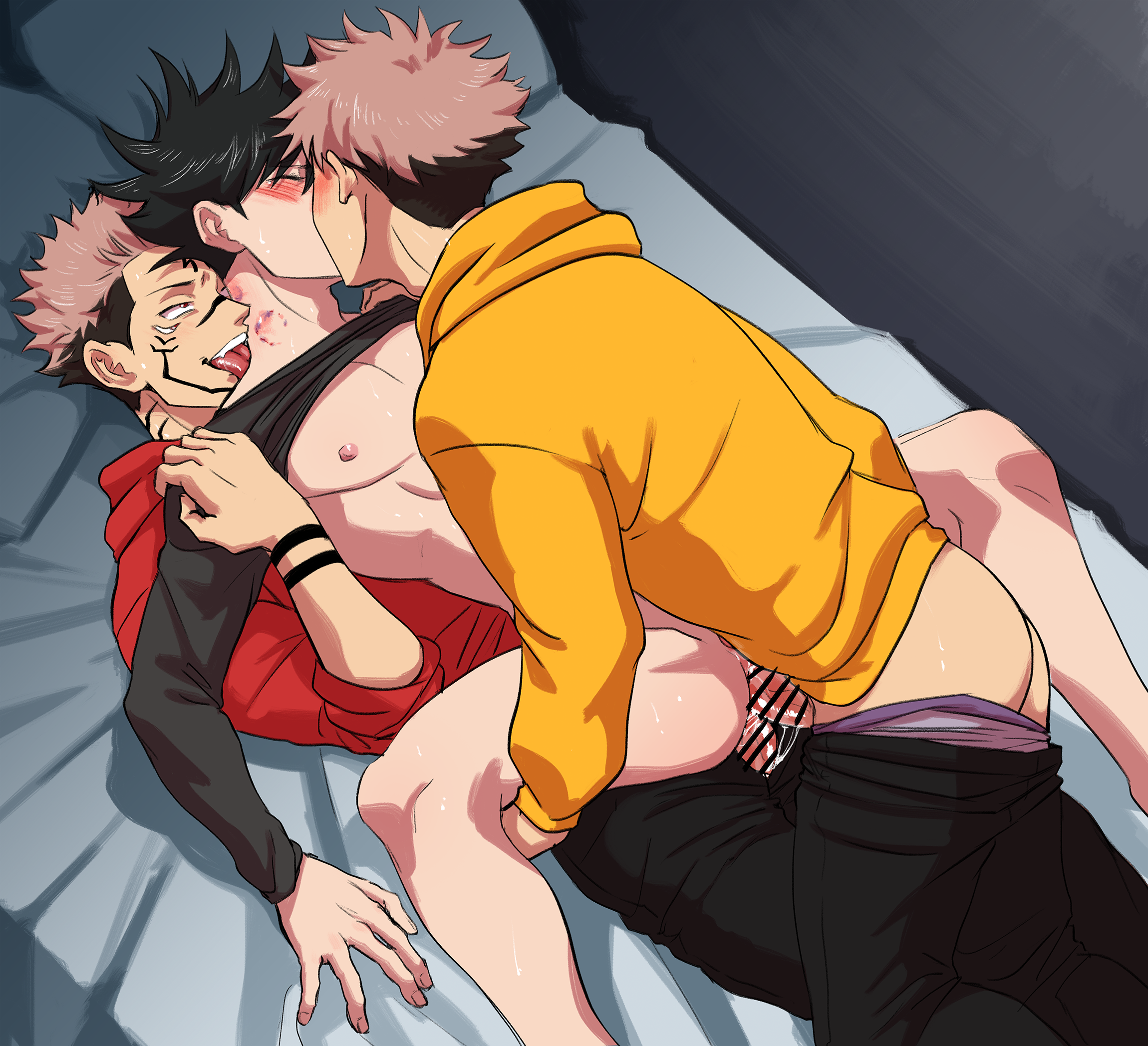 3boys, anal, ass, bar censor, bite mark, black hair, black pants, black shirt, blush, bottomless, censored, closed eyes, double penetration, facial tattoo, full-face blush, fushiguro megumi, gay, group sex, hood, hood down, hoodie, itadori yuuji, jujutsu kaisen, kissing, licking neck, long sleeves, lying, male, male focus, male only, male underwear, male underwear pull, male/male, missionary, mmm threesome, multi eye, multiple boys, multiple males, multiple penises, nipples, on back, on bed, pants, penis, pillow, pink hair, red hoodie, ryoumen sukuna (jujutsu kaisen), ryush, sex, shirt, short hair, spiked hair, spread legs, tattoo, threesome, tongue, tongue out, underwear, yaoi, yellow hoodie