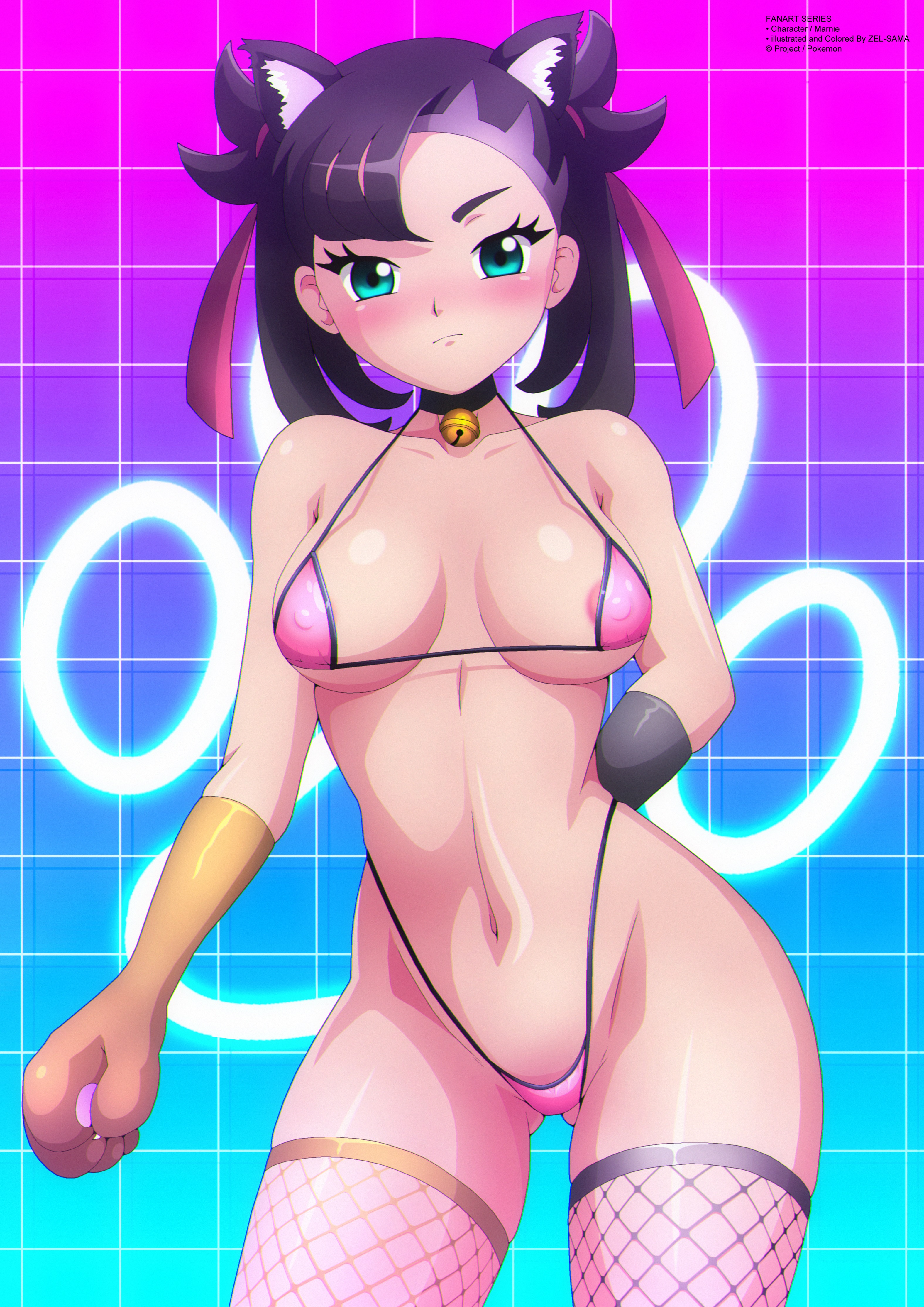 1girls, bikini, black hair, black-haired female, breasts, cat girl, catgirl, female, female only, human, human only, looking at viewer, marnie (pokemon), micro bikini, nintendo, pokegirl, pokemon, pokemon ss, solo, solo female, thick thighs, wide hips, zel-sama