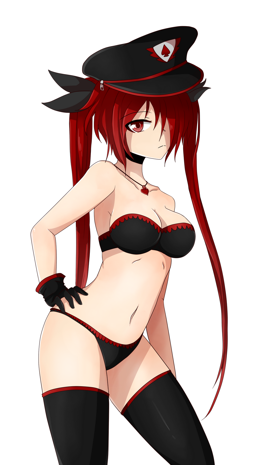 1girls accessory bra breasts female female_only gacha_resort gloves hair_accessory hair_ribbon hat headwear leggings looking_at_viewer lunime navel necklace panties partially_clothed red_eyes red_hair reia_garnetta solo transparent_background twintails