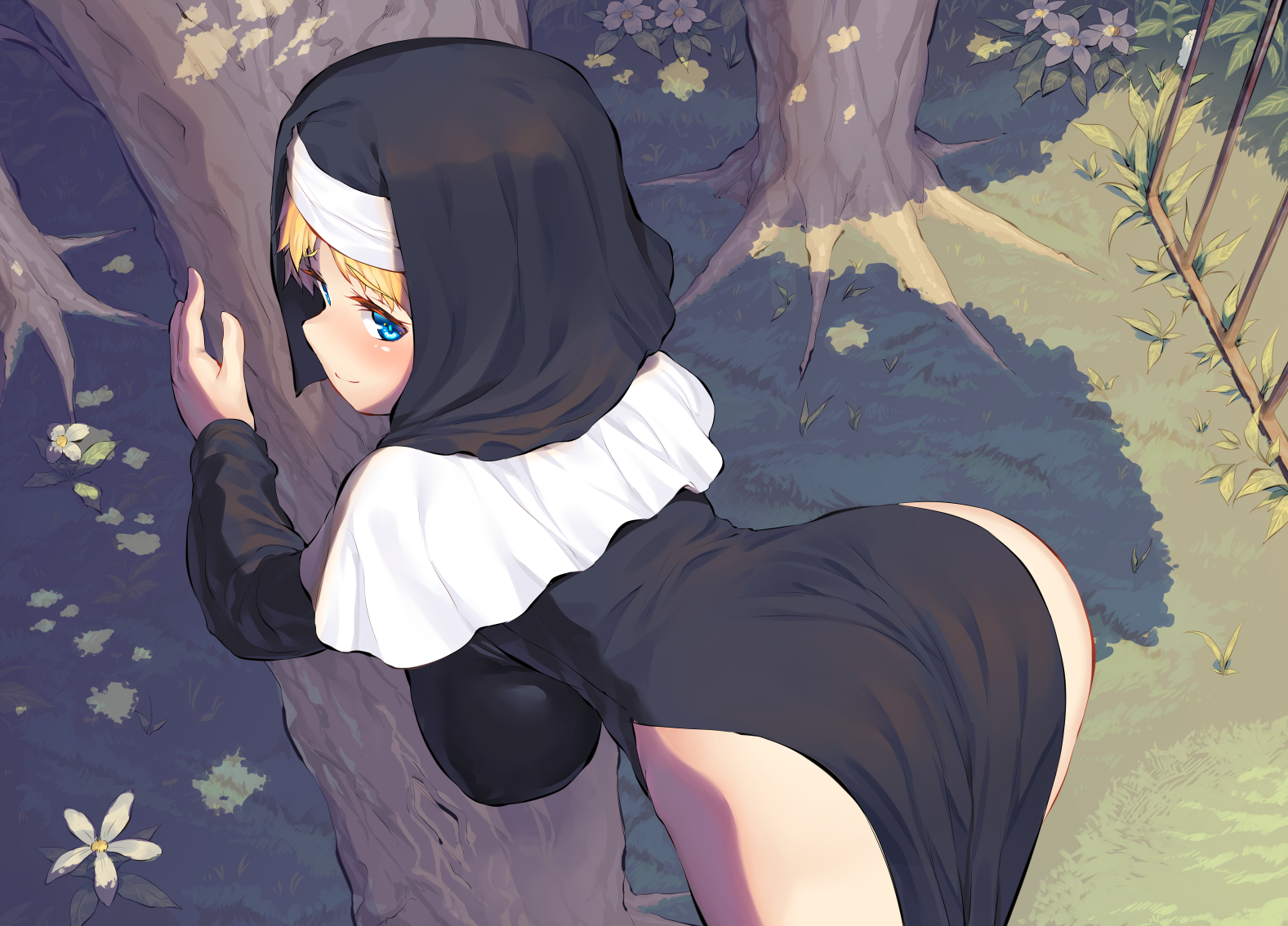 against tree, ass, ass focus, barely clothed, bent over, big ass, big breasts, blonde hair, blue eyes, blush, breasts, female, female only, looking at viewer, looking back, nun, sakimori dan, wide hips