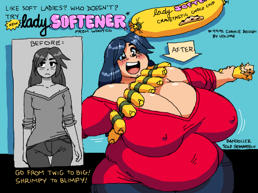 :d advertisement bbw before_and_after big_breasts big_thighs breasts cookie_dough dark_blue_hair fat long_sleeve_shirt long_sleeves nipples_visible_through_clothing red_shirt woot