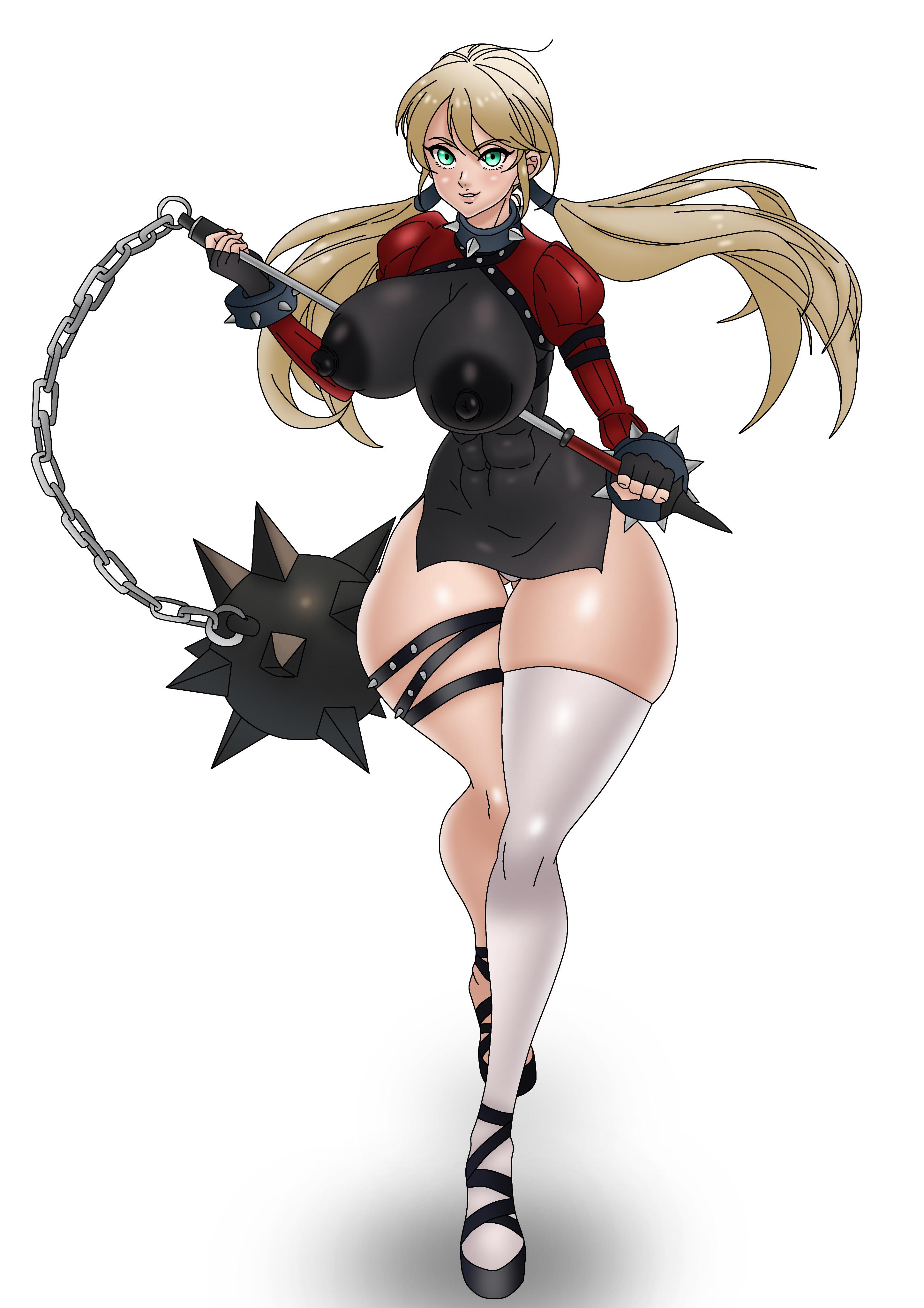 abs, ass, big ass, big breasts, big butt, blonde hair, breasts, chimeraindura, curvy figure, female, flail, green eyes, nanatsu no taizai, nanatsu no taizai grand cross, nipples visible through clothing, roxy (nanatsu no taizai), solo, spiked bracelet, spiked collar, spiked flail, spiked weapon, thick thighs, twintails, voluptuous, weapon