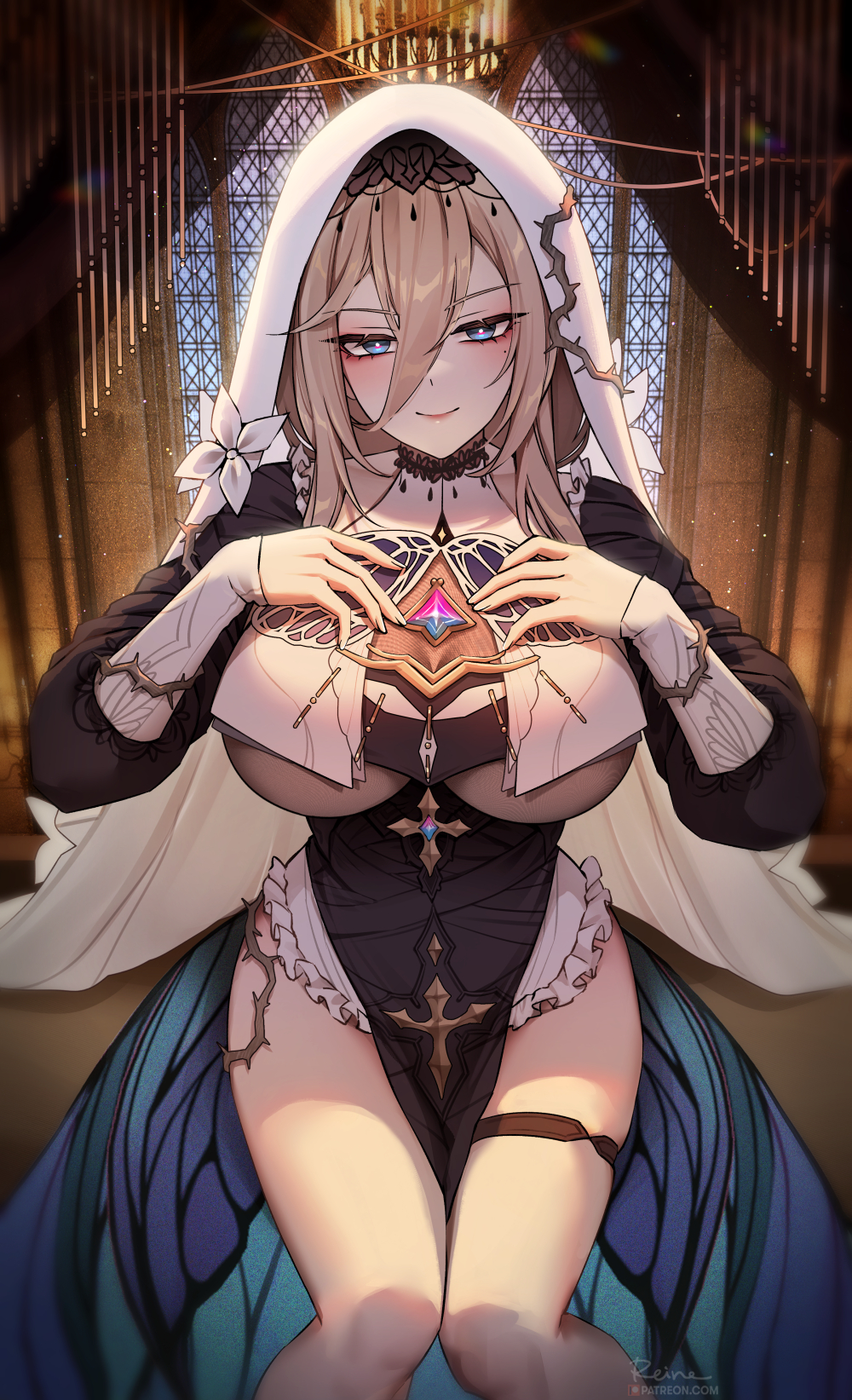 1girls 2022 aponia blue_eyes breasts female female_only foxy_rain_(foxyreine) foxyrain_(foxyreine) foxyreine hips honkai_(series) honkai_impact_3rd huge_breasts long_hair looking_at_viewer naughty_face nun nun's_habit nun_outfit pale-skinned_female pale_skin slim_waist smile suggestive_look thick_thighs thighs underboob wide_hips