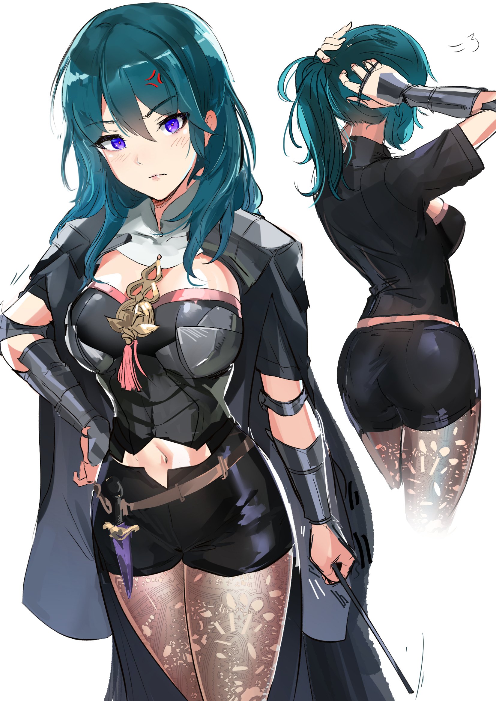 angry, armor, ass, back view, belly button, big breasts, blue eyes, breasts, byleth (fire emblem), byleth (fire emblem) (female), cape, corset, curvy, dagger, female, fire emblem, fire emblem: three houses, hand on hip, hi res, lace, legwear, looking at viewer, medium hair, nintendo, ormille, pantyhose, pointer, shorts, teal hair