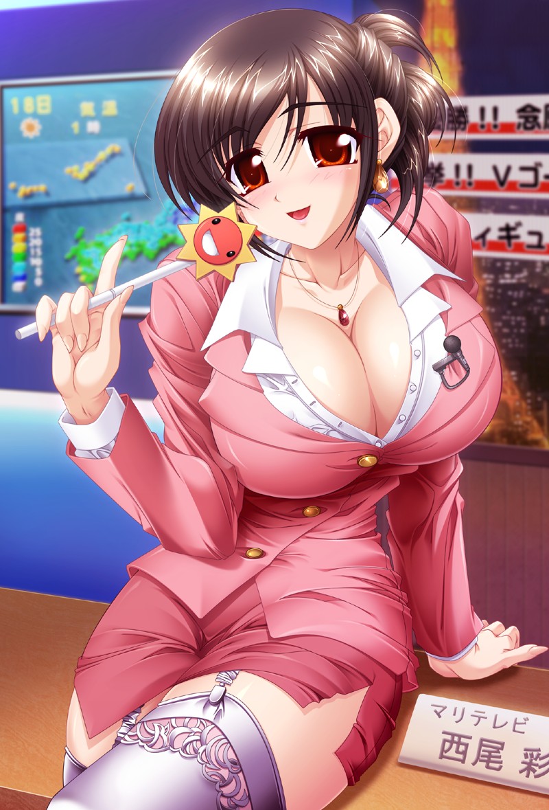 1girls bangs big_breasts black_hair blush breasts busty cleavage clothed clothed_female collarbone collared_shirt detailed_background facing_viewer female female_focus female_only fully_clothed garter_straps hips hourglass_figure human jewelry large_breasts leggings legwear looking_at_viewer necklace newscaster office_lady oshaburi_announcer pink_clothing ponytail red_eyes shiny shiny_breasts shiny_skin short_hair sitting sitting_down sitting_on_desk sitting_on_table sole_female solo solo_female solo_focus thick_thighs thighhighs thighs tight_clothes tight_clothing voluptuous wide_hips