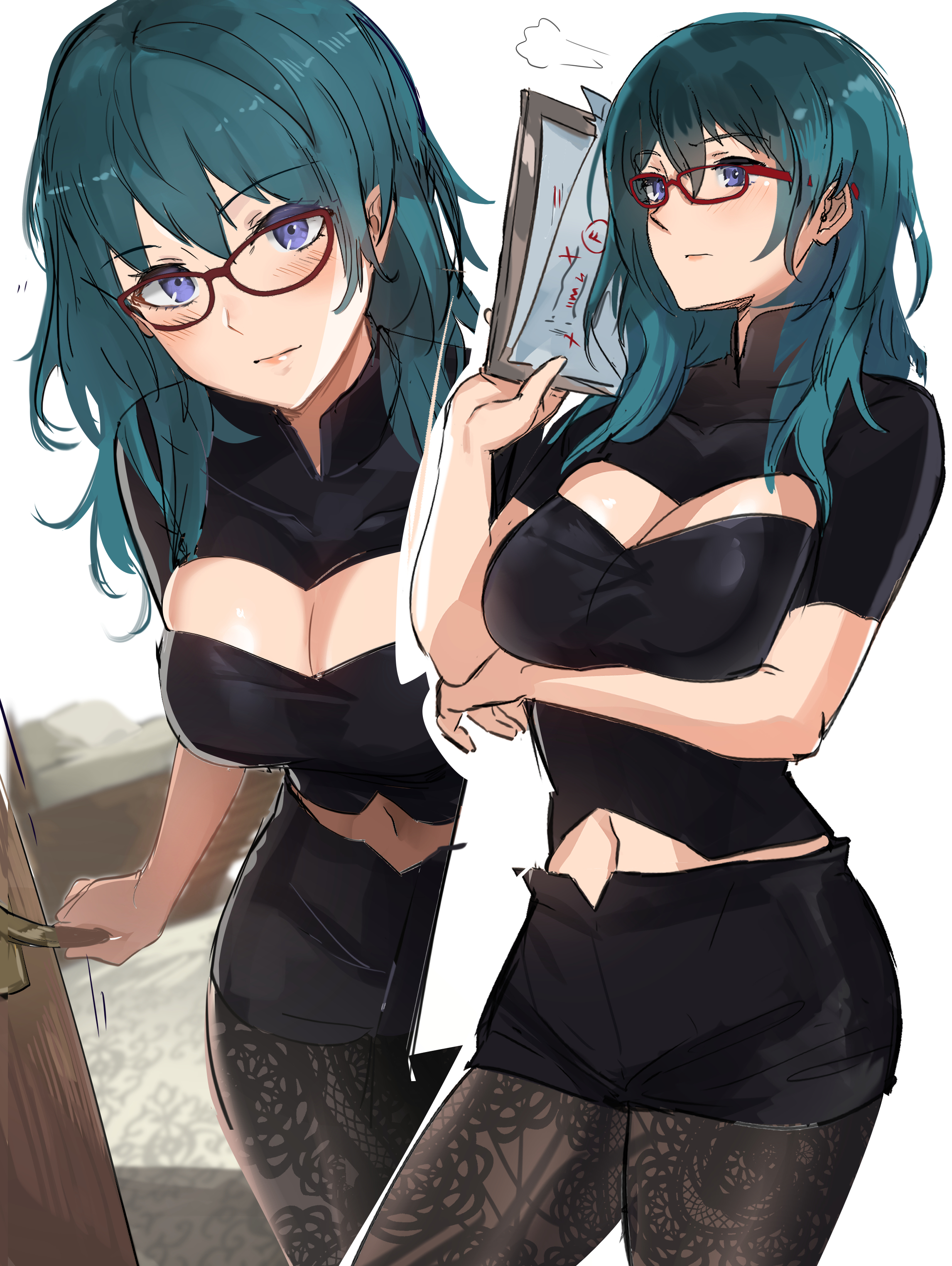 belly button, big breasts, black clothing, blue eyes, breasts, byleth (fire emblem), byleth (fire emblem) (female), cleavage, door, female, fire emblem, fire emblem: three houses, glasses, hi res, lace, legwear, looking at viewer, medium hair, nintendo, ormille, pantyhose, paper, skirt, teacher, teal hair, turtleneck