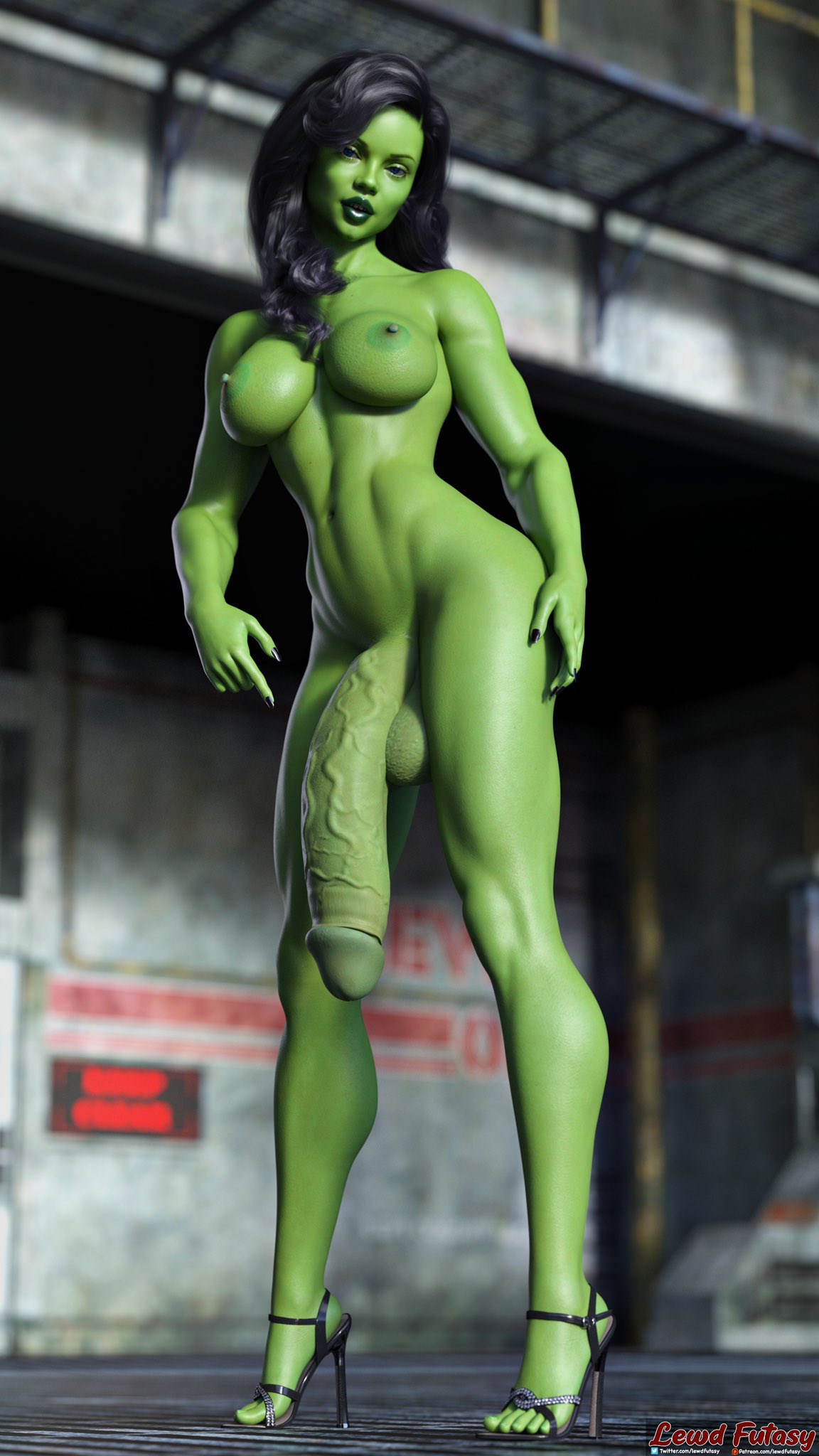 1futa 3d black_hair blurry_background breasts erection futa_only futanari green_skin high_heels huge_cock large_breasts lewdfutasy long_hair looking_at_viewer muscular_futanari naked_footwear naked_heels nude parted_lips pointing_at_penis solo standing