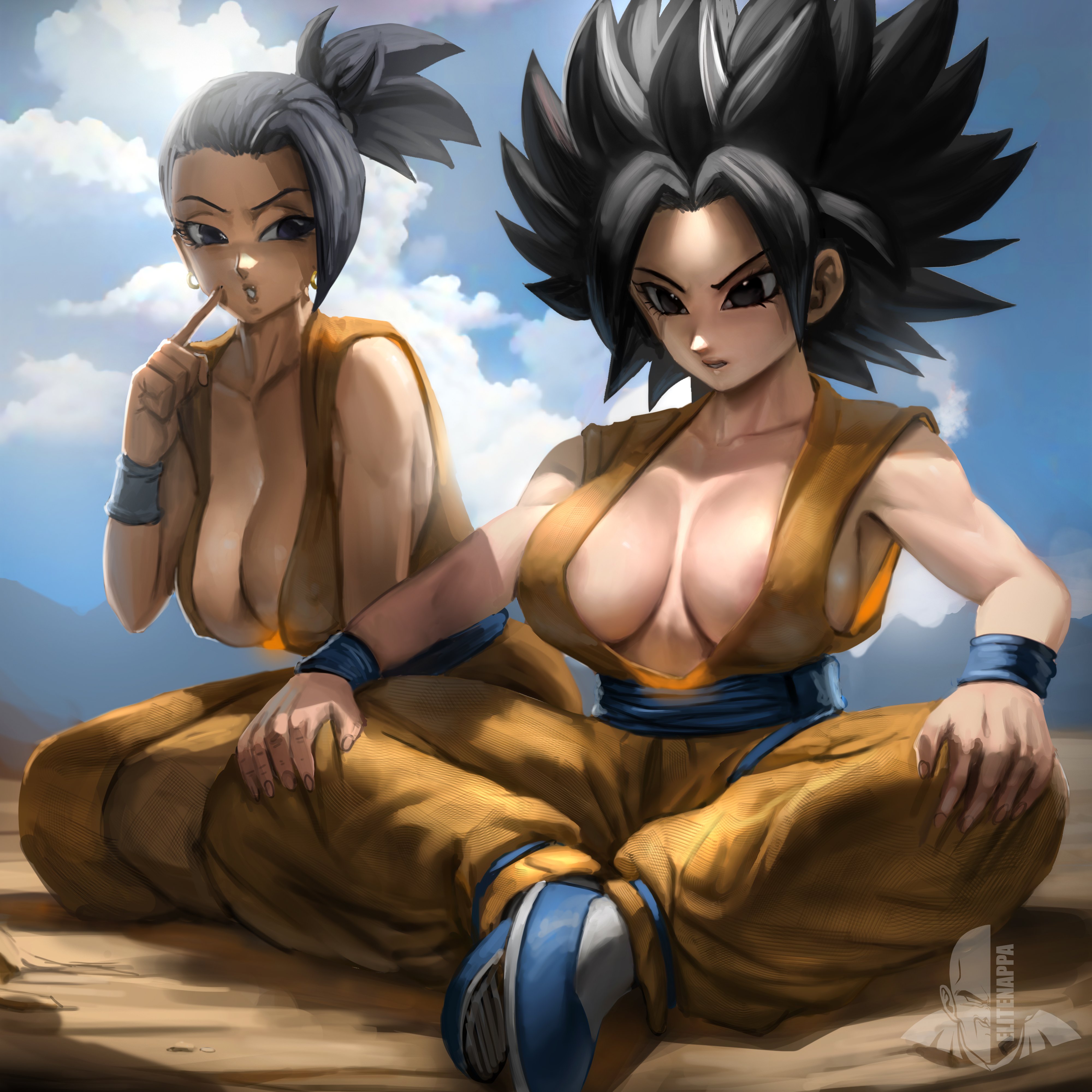 2girls, armpits, big breasts, black hair, breasts, caulifla, clothing, cloud, dragon ball, dragon ball super, ear piercing, earrings, elitenappa, female, female only, female saiyan, kale, karate gi, nipple bulge, no bra, outside, piercing, saiyan, shoes, sitting, sky, thick thighs, universe 6, universe 6/universe 7, wide hips, wristband