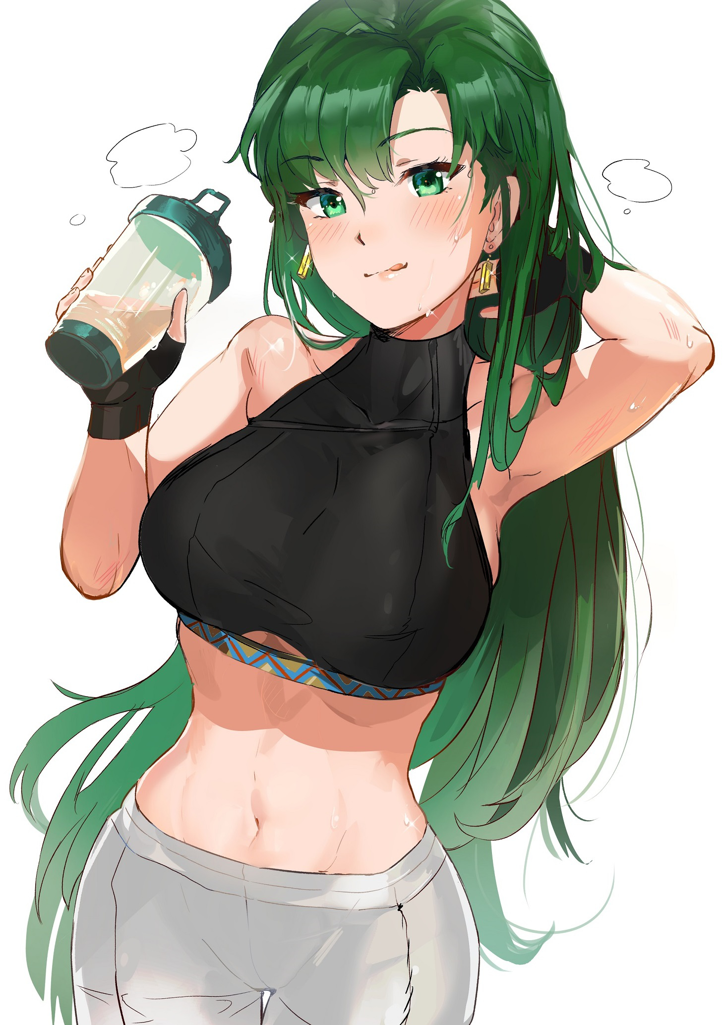 1girls, armpits, belly button, big breasts, bottle, breasts, crop top, drink, earrings, female, fingerless gloves, fire emblem, fire emblem: the blazing blade, gloves, green eyes, green hair, hi res, long hair, looking at viewer, lyn (fire emblem), nintendo, ormille, pants, solo, steam, steaming body, sweat, sweaty, waist, workout clothes