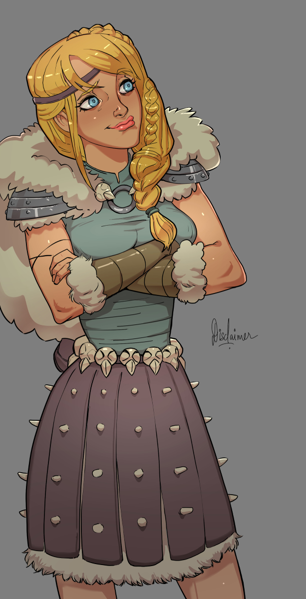 1girls, arms crossed, arms crossed under breasts, astrid hofferson, athletic, athletic female, blonde hair, blue eyes, boobs, braid, braided hair, braids, breasts, disclaimer, dreamworks, female, female only, fully clothed, hairband, hourglass figure, how to train your dragon, light skin, light-skinned female, red lips, shoulder pads, skirt, skull, smiling, solo, solo female, spikes, viking, voluptuous, voluptuous female