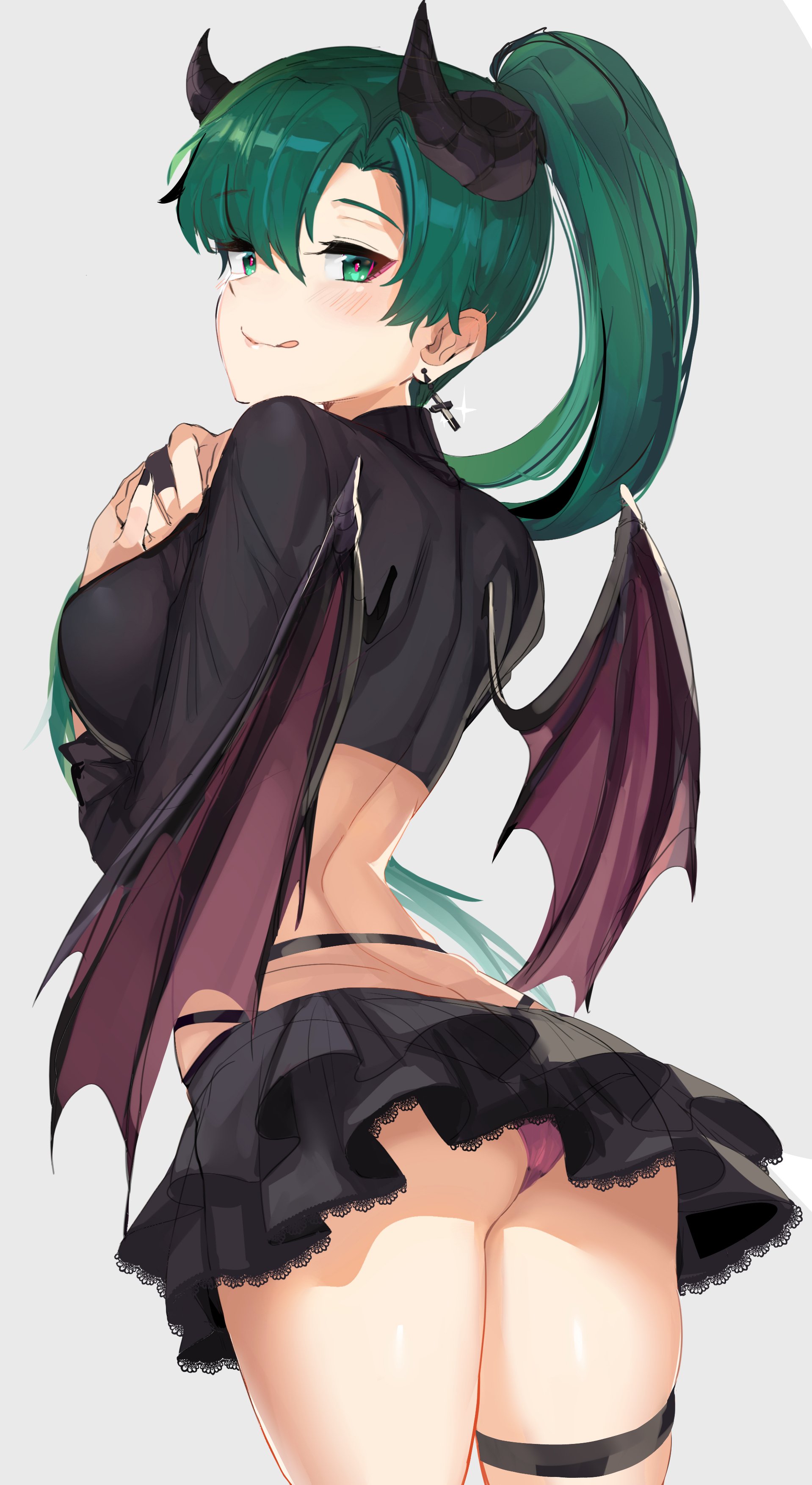 1girls, ass, ass cleavage, ass crack, back view, bat wings, blush, breasts, butt crack, crop top, curvy, demon, demon wings, earrings, female, fire emblem, fire emblem: the blazing blade, green eyes, green hair, hi res, horns, legs, looking at viewer, lyn (fire emblem), nintendo, ormille, panties, ponytail, sideboob, skirt, smile, solo, succubus, thighs, tongue, tongue out, upskirt, waist