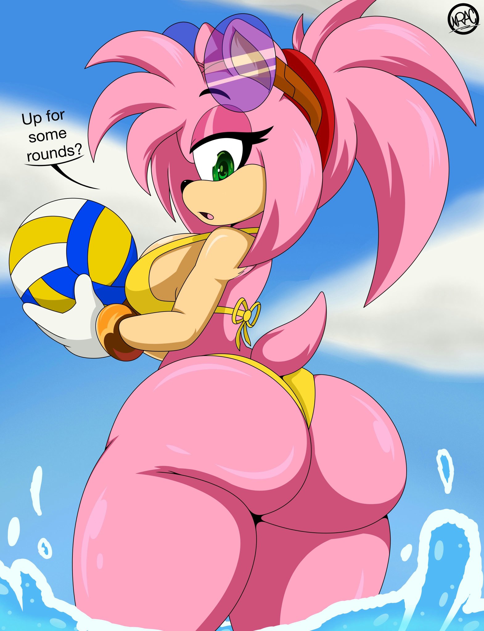 1girls, amy rose, anthro, ass, ball (object), big ass, bikini, breasts, clothing, dialogue, female, female only, furry, glasses, green eyes, hedgehog, looking at viewer, looking back, nr ac, partially submerged, pink hair, pink skin, sega, sideboob, solo, sonic (series), sonic the hedgehog (series), sunglasses, sunglasses on head, swimsuit, talking to viewer, thick thighs, volleyball, wading, water, yellow bikini, yellow swimsuit