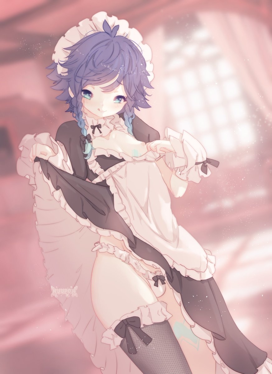 :q, 1boy, blue eyes, blue hair, bulge, chest tattoo, femboy, genshin impact, gradient hair, licking lips, maid headdress, maid uniform, male, male focus, male only, nipples, nuupon, panties, skirt lift, skirt lifted by self, smile, solo, thighhighs, tongue, venti (genshin impact), white panties