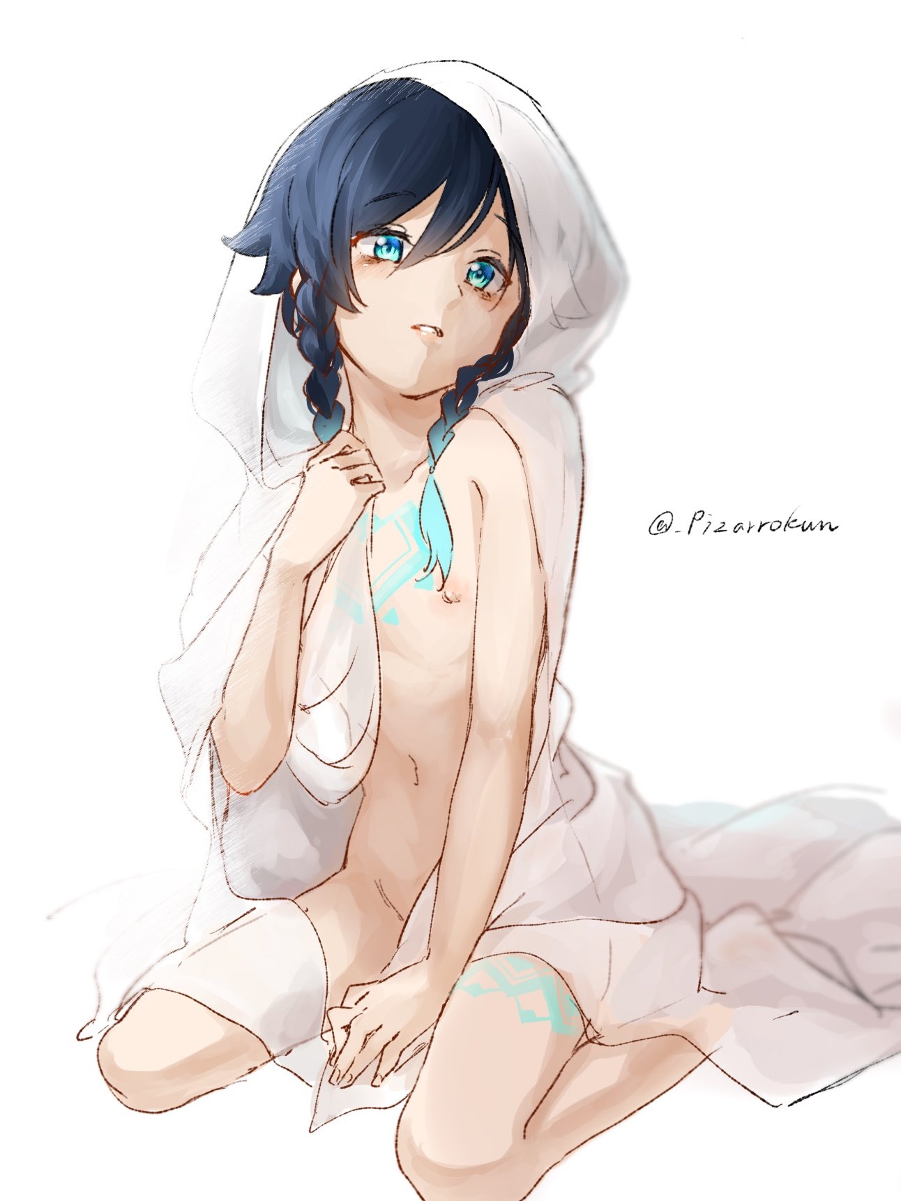 1boy, black hair, blue eyes, blue hair, chest tattoo, genshin impact, gradient hair, male, male focus, male only, nude, nude male, parted lips, pizarrokun, sitting, solo, thigh tattoo, venti (genshin impact), wariza, white robe