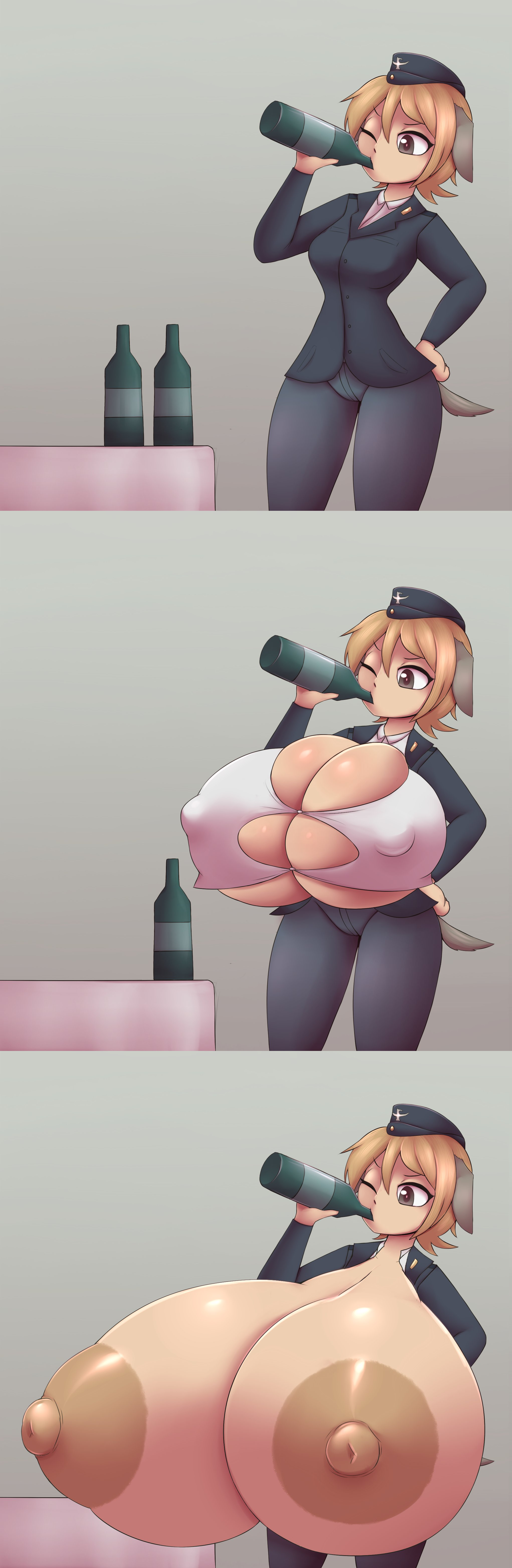 alcohol, animal ears, ass, bangs, big ass, big breasts, black jacket, blue legwear, brave witches, breast expansion, breast growth, breast growth (enlargement), breasts, breasts bigger than body, breasts bigger than head, breasts bigger than torso, brown eyes, brown hair, bursting breasts, clothing, comic, dog ears, dog tail, drinking, enormous breasts, erect nipples, erect nipples under clothes, expansion, eyebrows visible through hair, female, gigantic breasts, huge breasts, hyper, hyper breasts, jacket, long sleeves, massive breasts, medium breasts, metachoke, military, military uniform, multiple images, nipples, one eye closed, pantyhose, short hair, simple background, solo, standing, tagme, torn clothes, uniform, waltrud krupinski, world witches series