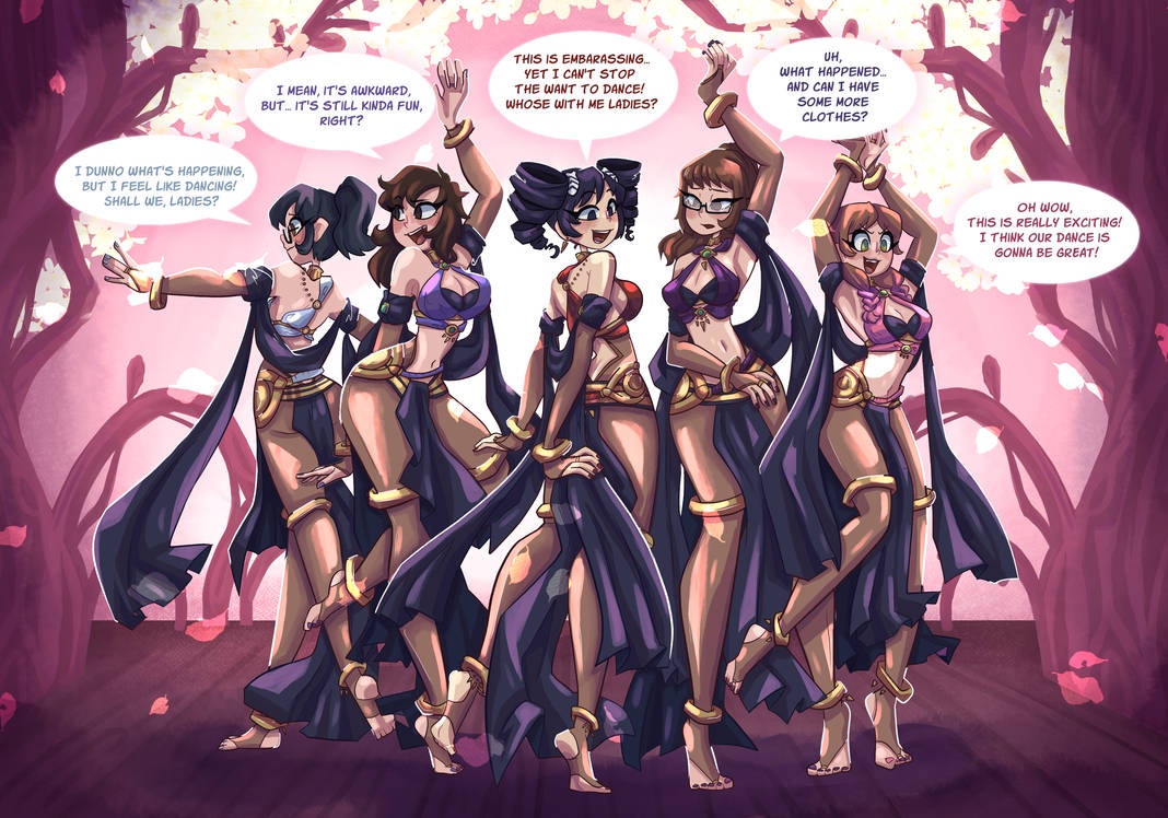 5girls alternate_costume barefoot cosplay dancer dancing dorothea_arnault_(cosplay) dorothea_arnault_(plegian)_(cosplay) english_text fire_emblem fire_emblem_heroes lene_(fire_emblem)_(cosplay) lene_(fire_emblem)_(plegian) lene_(fire_emblem)_(plegian)_(cosplay) multiple_girls nintendo plegian text theurbanlegend52 thighs