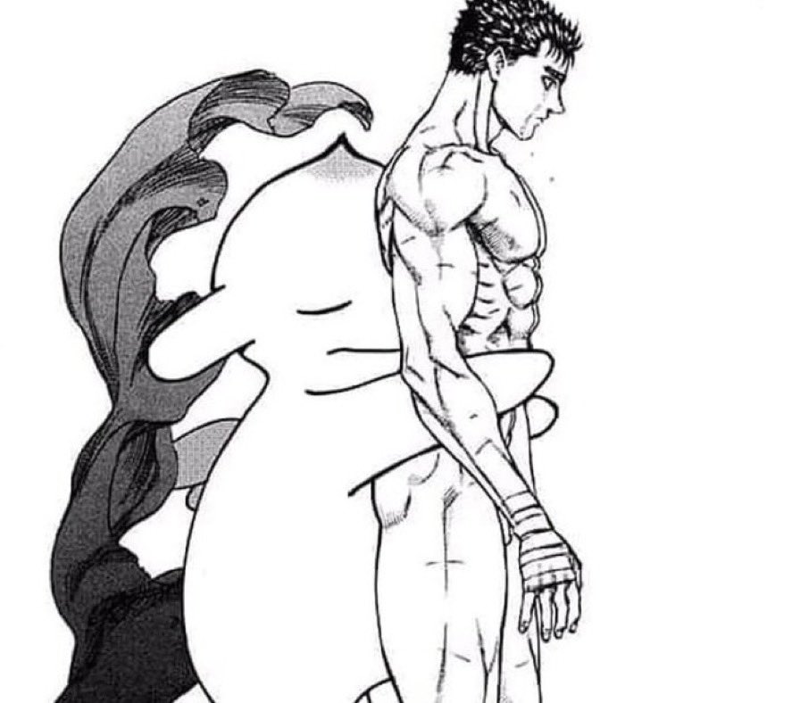 1boy berserk big_pecs black_and_white flakey_salt guts_(berserk) hugging imminent_sex muscular_male nude nude_male parody puck_(berserk)