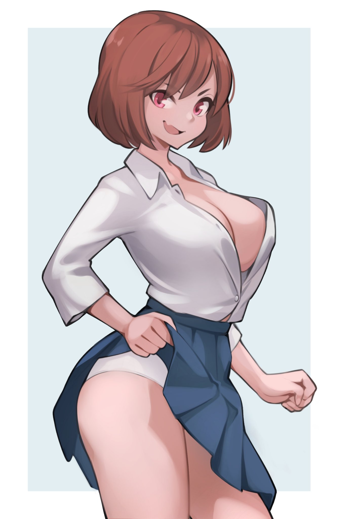 auburn_hair barely_contained blue_skirt breasts brown_hair button_down_shirt buttons character_request cleavage female female_focus female_only large_breasts lentiyay light-skinned_female light_skin looking_at_viewer medium_hair no_bra no_bra_under_clothes panties panties_under_skirt red_eyes red_hair school_uniform seductive_smile skirt skirt_lift smile tagme unbuttoned_shirt white_background white_shirt