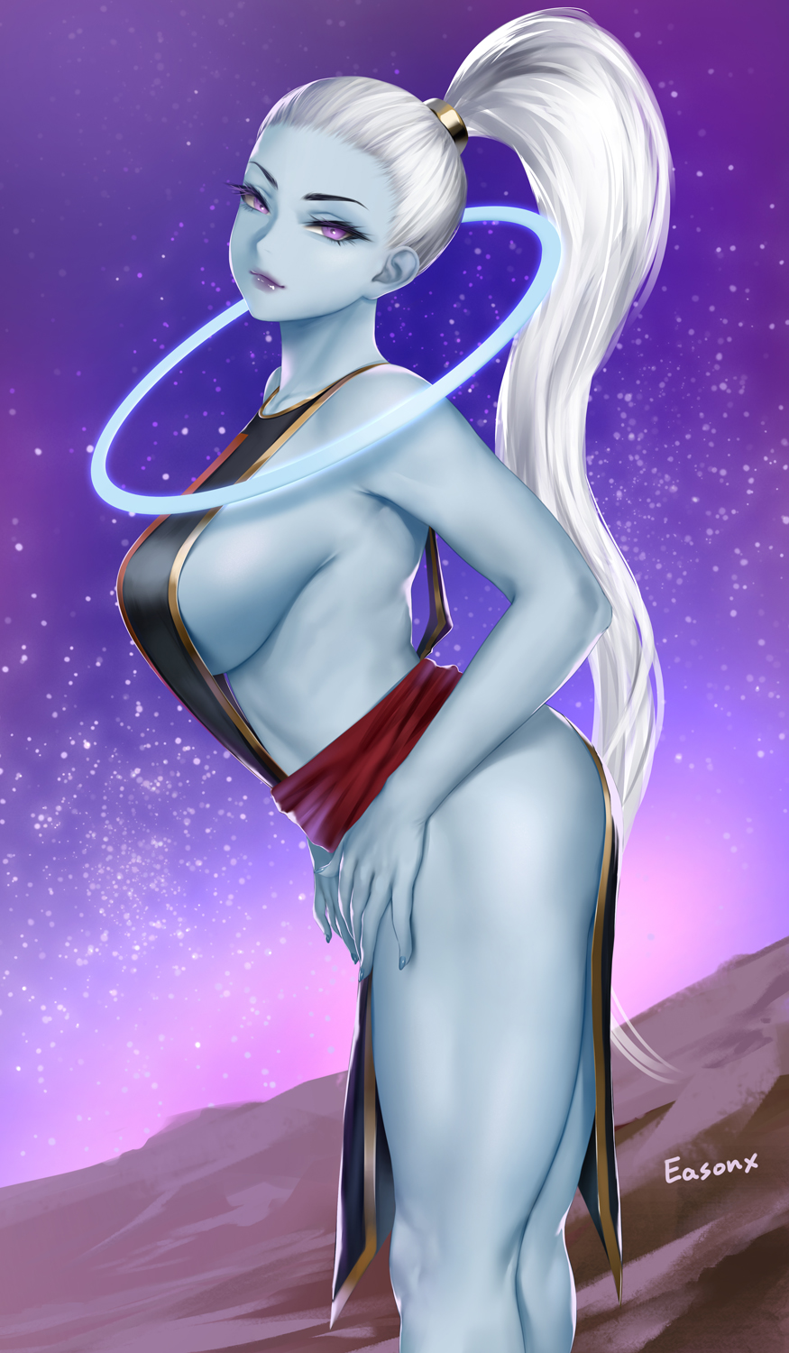 1girls angel_(dragon_ball) ass big_ass big_breasts blue_skin breasts dragon_ball dragon_ball_super easonx female female_focus female_only halo lipstick long_hair ponytail purple_eyes purple_lipstick revealing_clothes solo solo_female solo_focus thick_thighs vados very_long_hair white_hair