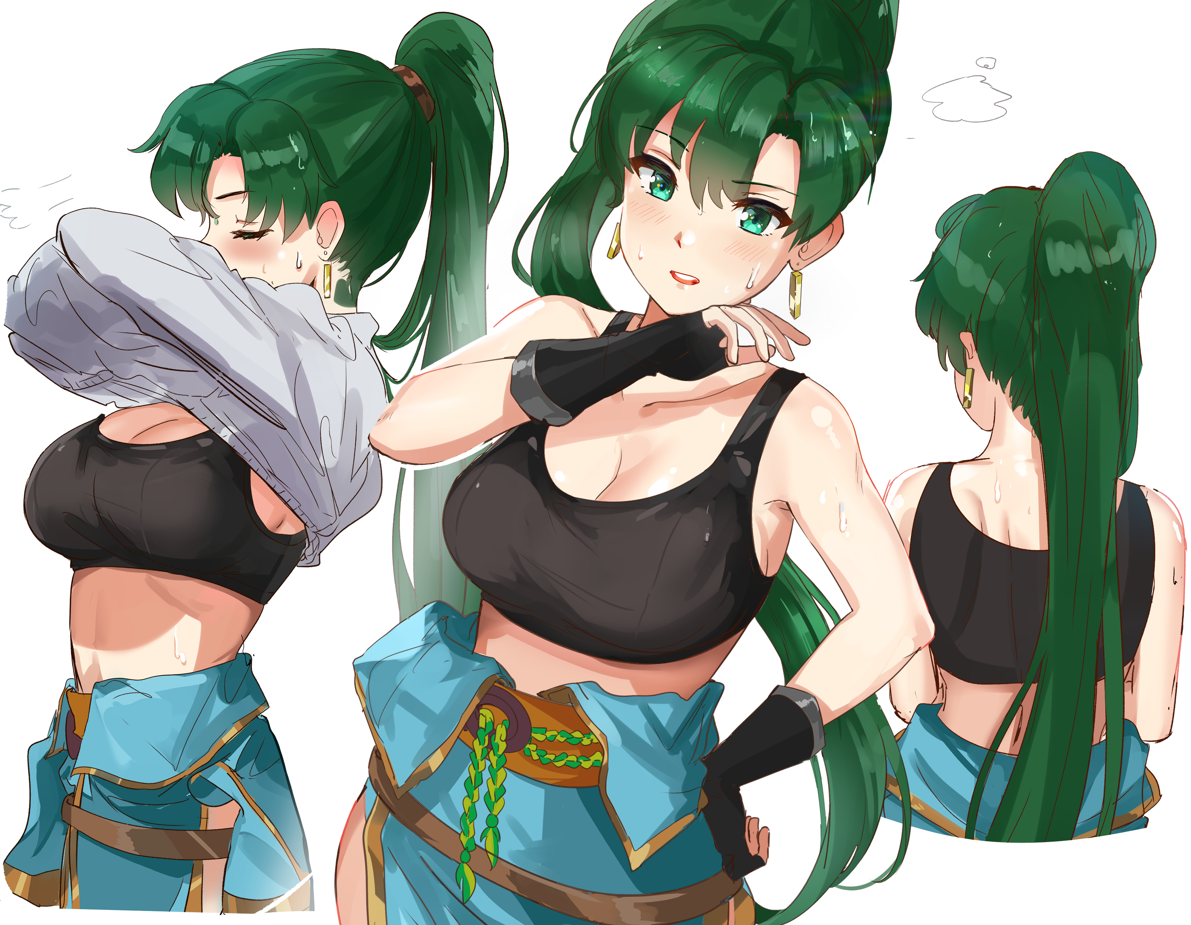 back view, belt, big breasts, breasts, cleavage, closed eyes, clothes down, earrings, female, fingerless gloves, fire emblem, fire emblem: the blazing blade, gloves, green eyes, green hair, hi res, looking at viewer, lyn (fire emblem), nintendo, ormille, ponytail, side view, sports bra, sportswear, steam, steaming body, stripping, sweat, sweaty, taking clothes off, waist