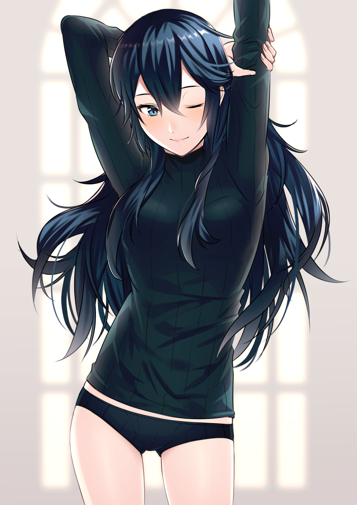 1girls, ameno (a meno0), blue eyes, blue hair, breasts, crotch, female, fire emblem, fire emblem awakening, long hair, long sleeves, lucina (fire emblem), nintendo, one eye closed, panties, small breasts, smile, solo, stretching, sweater, thighs, underwear