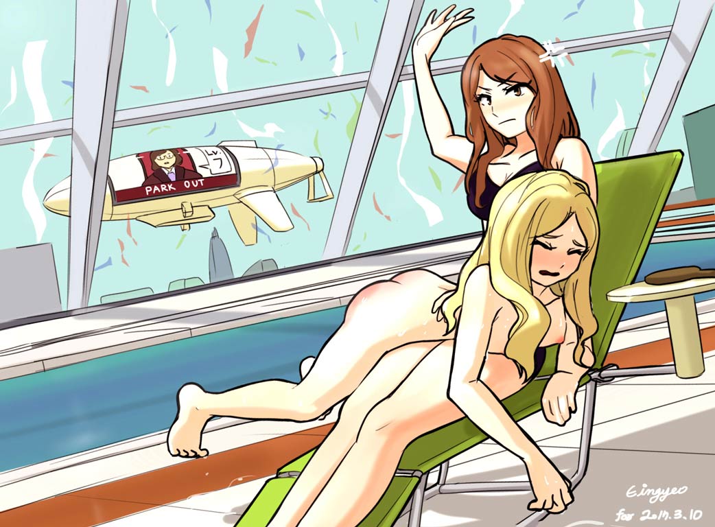 2girls blonde_hair blush brown_hair completely_nude_female dominant_female eingyeo female female_only multiple_girls over_the_knee_spanking pool spanked_butt spanking submissive_female swimsuit tagme