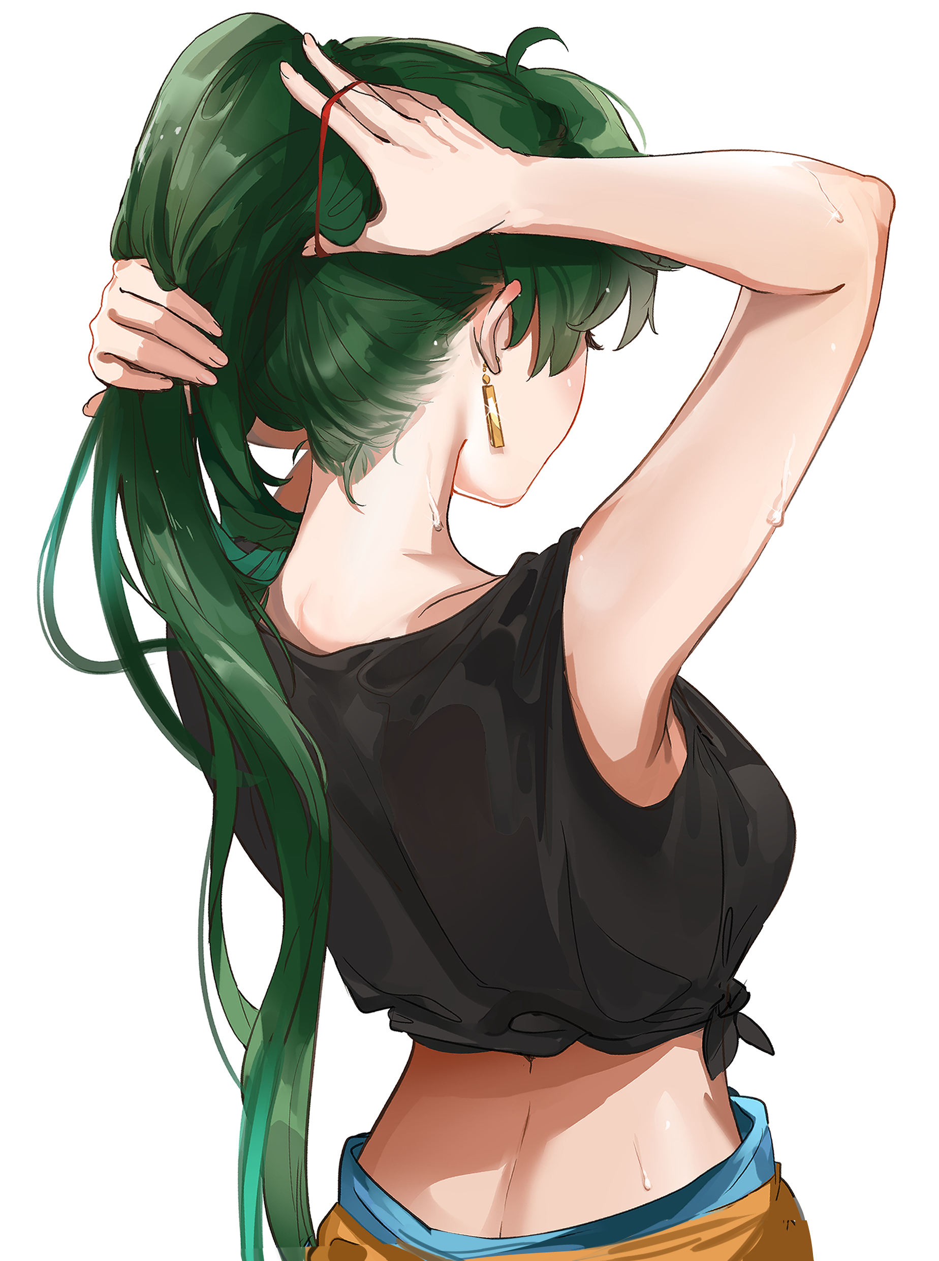 1girls, arms up, back view, big breasts, breasts, clothes down, crop top, earrings, female, fire emblem, fire emblem: the blazing blade, green hair, hi res, lyn (fire emblem), nintendo, ormille, ponytail, solo, sports bra, sweat, sweatdrop, sweaty, tying hair, waist